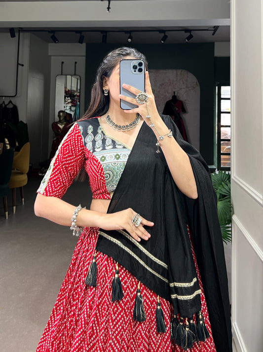Lorenvalley Red Rayon with Bandhej And Ajarakh Print With Embossed Design Gota Lace Touch up Lehenga Choli | Swadesiicart