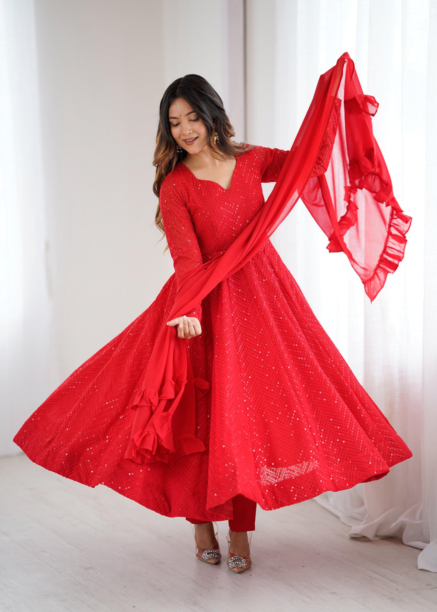 Lorenvalley Fashion Red Faux Georgette Lukhnowi Sequence Work Anarkali Kurta Pant With Dupatta Set - Swadesiicart