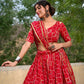 Lorenvalley Red Pure Rayon with Foil Printed With Gota Patti And Paper Mirror Work Lehenga Choli | Swadesiicart