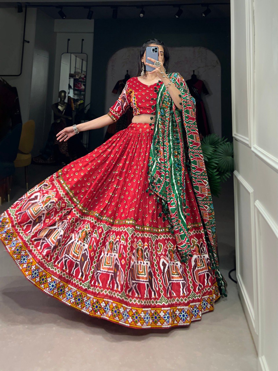 Lorenvalley Red Dola Silk Patola Print With Gamthi Work Lace Border Lehenga Choli with Dupatta | Swadesiicart
