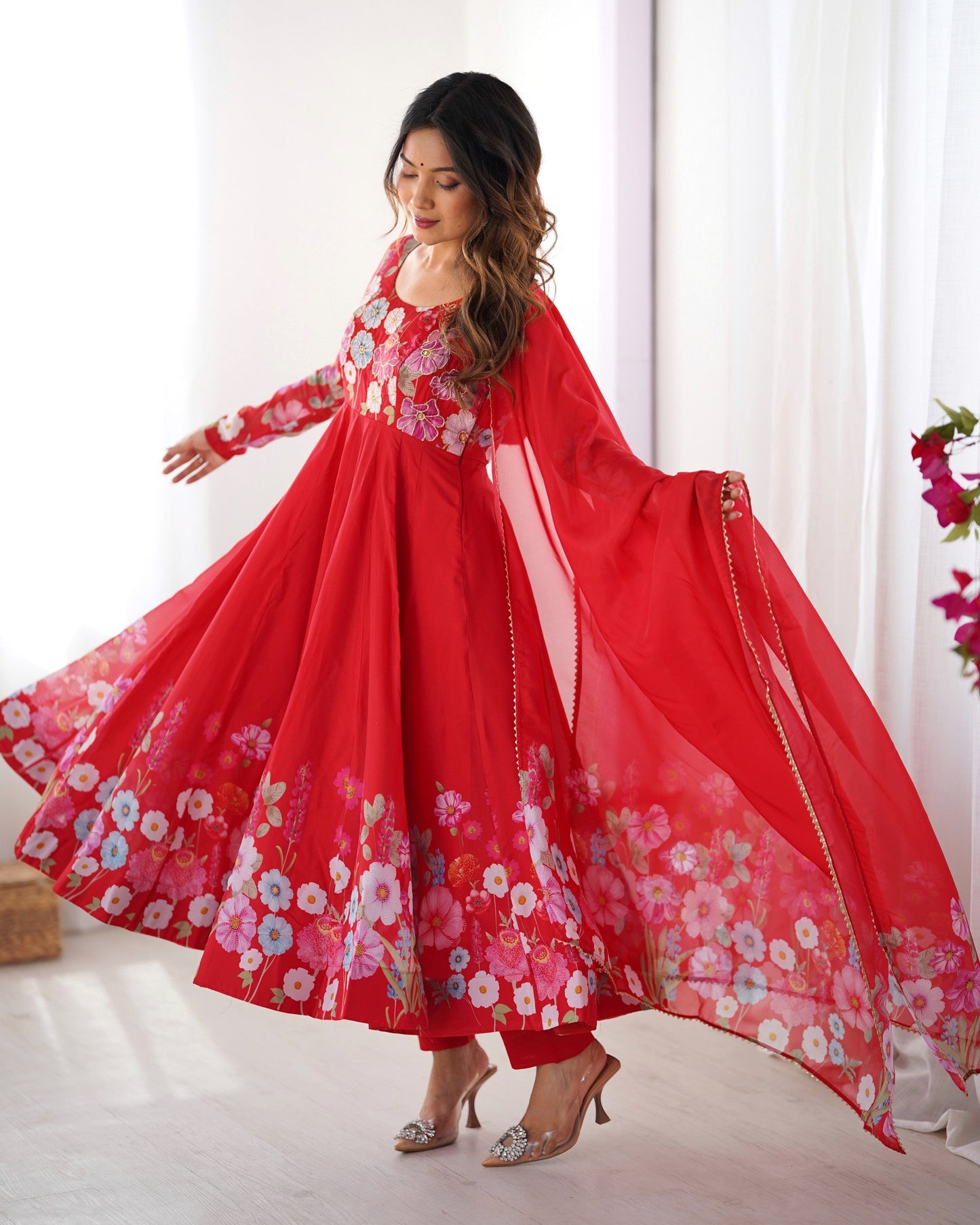 Lorenvalley Fashion Red Soft Organza Silk With Floral Print Fully Flared Anarkali Pant With Dupatta Set - Swadesiicart