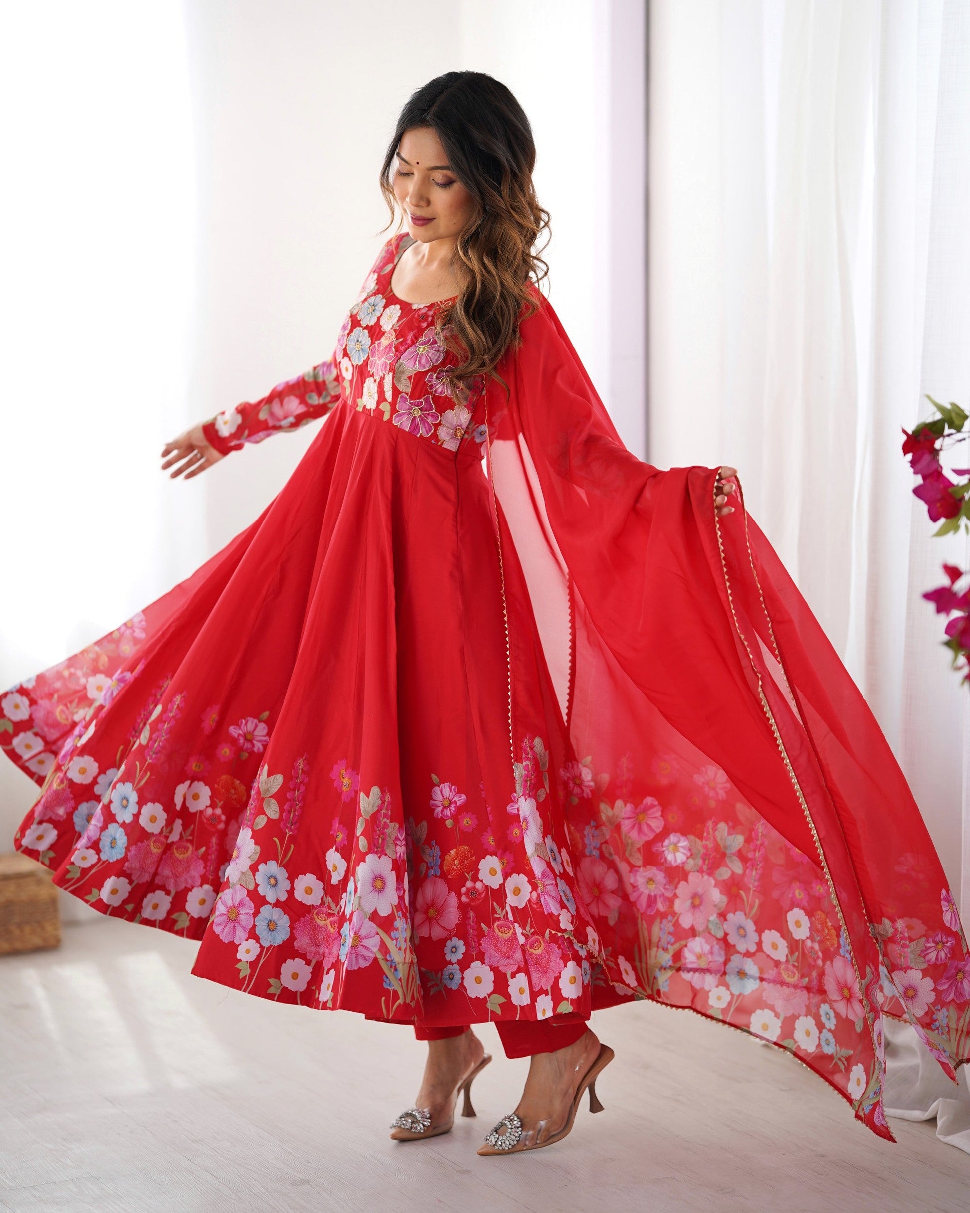 Lorenvalley Fashion Red Soft Organza Silk With Floral Print Fully Flared Anarkali Pant With Dupatta Set - Swadesiicart