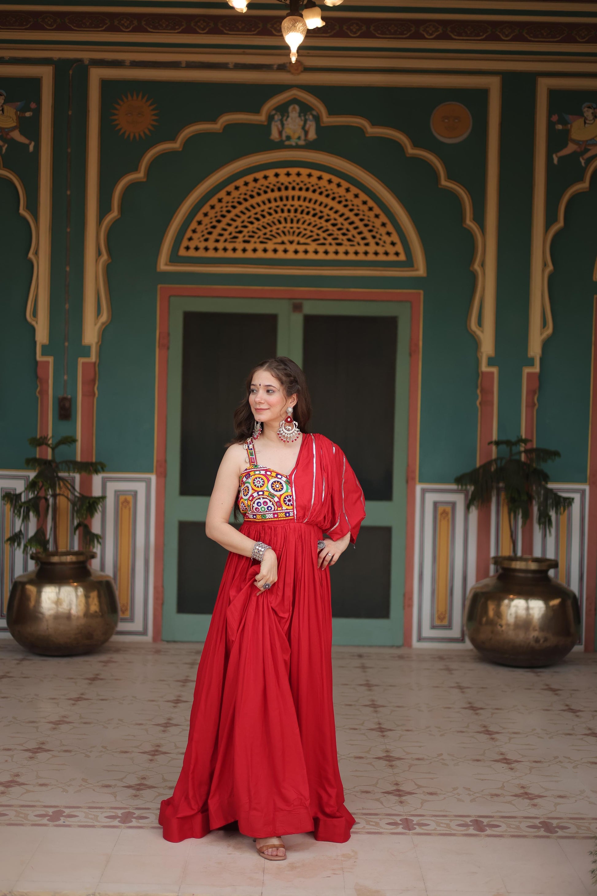 Lorenvalley Red Rayon Fabric with Designer Lace Gown | Swadesiicart