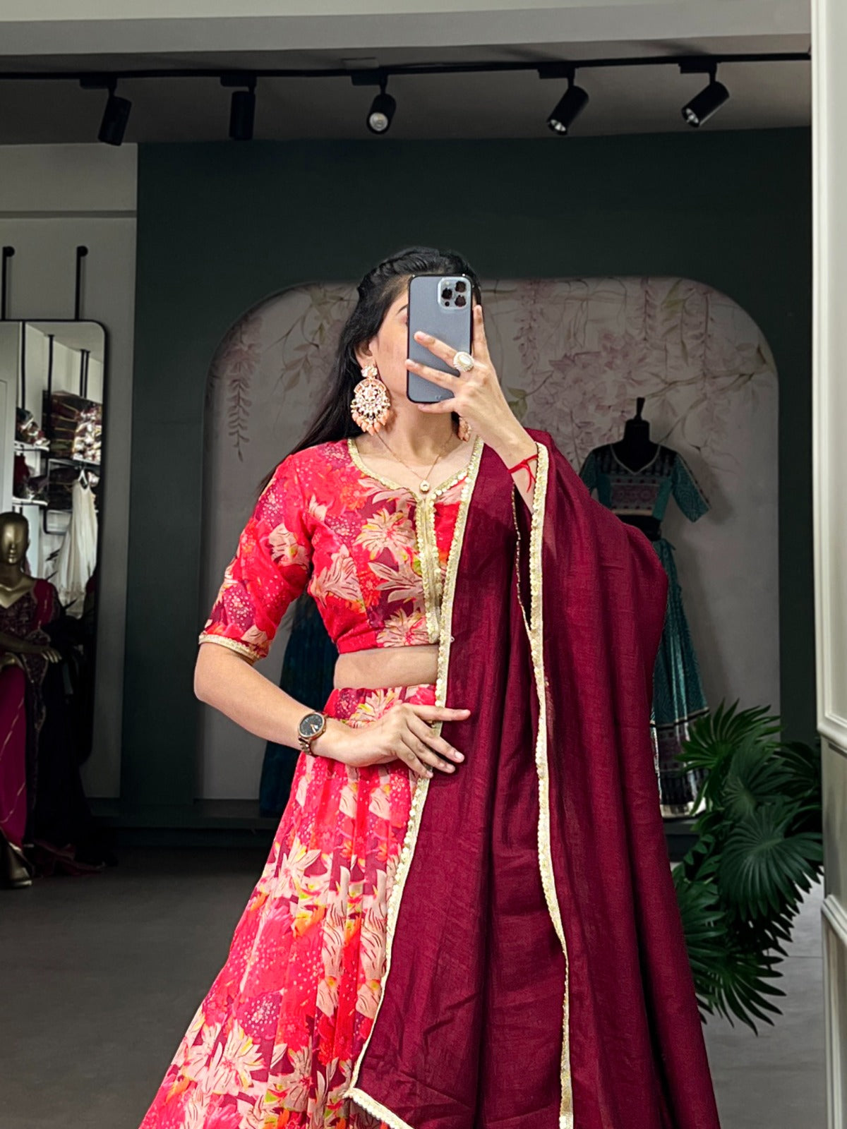 Lorenvalley Red Tussar Silk Printed Lehenga Choli | Swadesiicart
