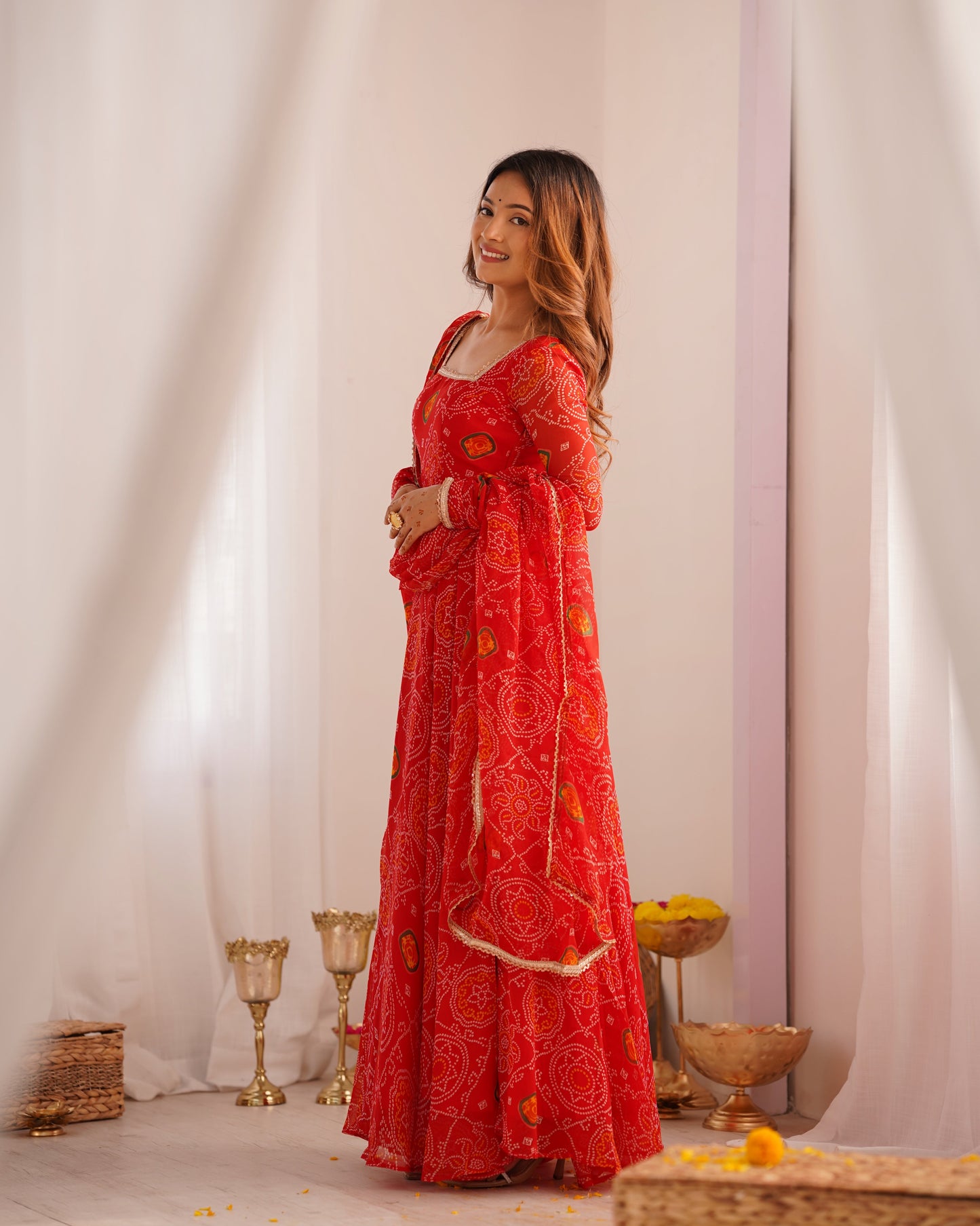 Lorenvalley Women Soft Lightweight Chiffon Bandhej Print Fabric Anarkali Kurta Pant With Dupatta Set - Swadesiicart