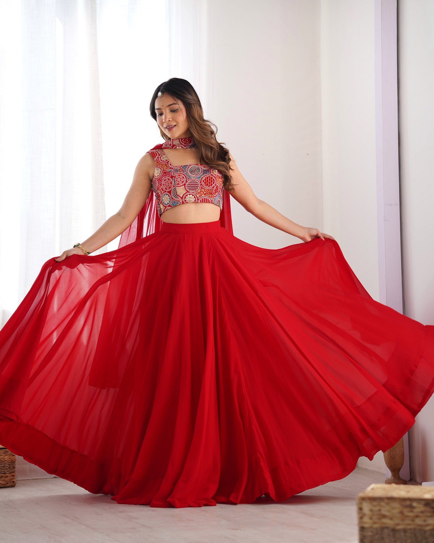 Lorenvalley Red Faux Georgette Stitched Lehenga Embroidery Blouse with Dupatta | Swadesiicart