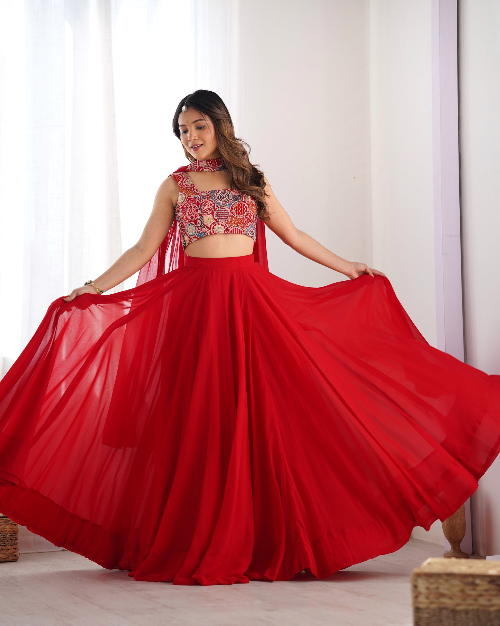 Lorenvalley Red Faux Georgette Stitched Lehenga Embroidery Blouse with Dupatta | Swadesiicart