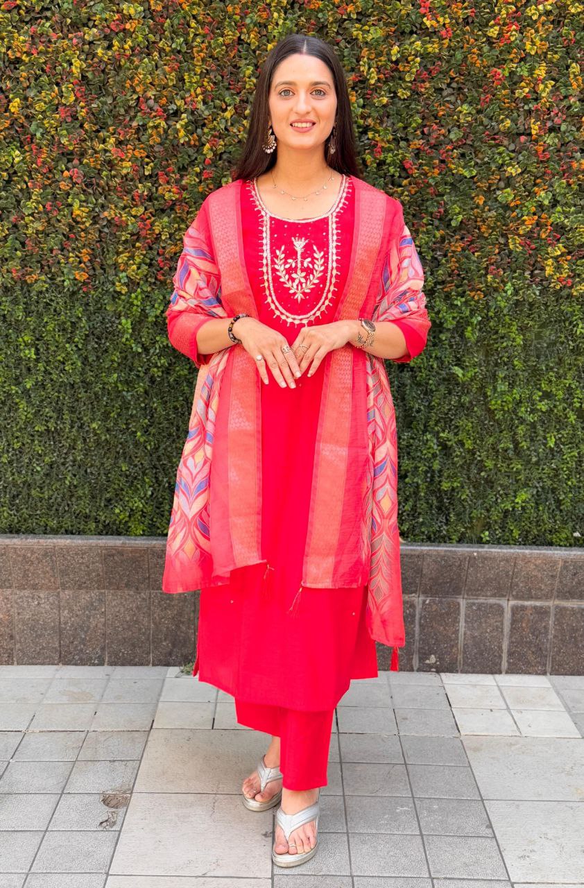 Lorenvalley Fashion Red Roman Silk Hand Work Kurta Pant with Dupatta | Swadesiicart