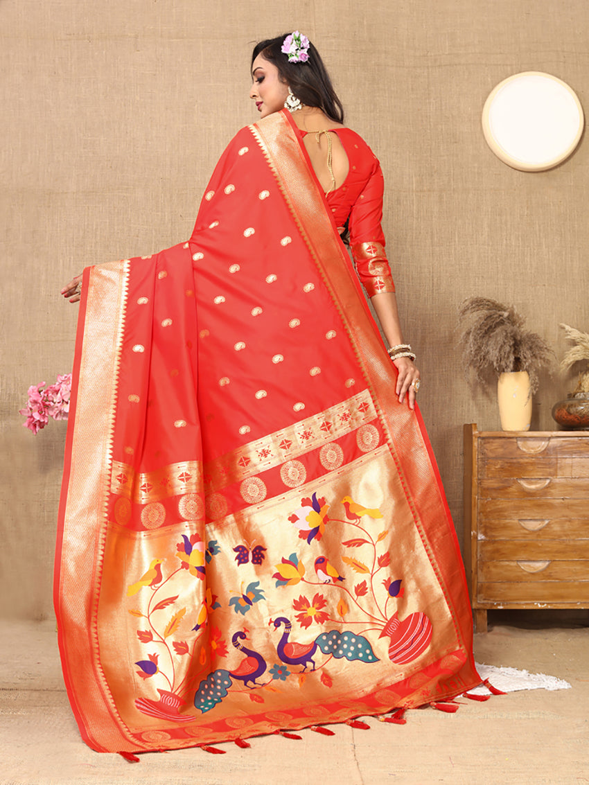 Lorenvalley Fashion Red Soft Paithani Silk Woven Design Rich Zari Meenakari Weaving Saree - Swadesiicart