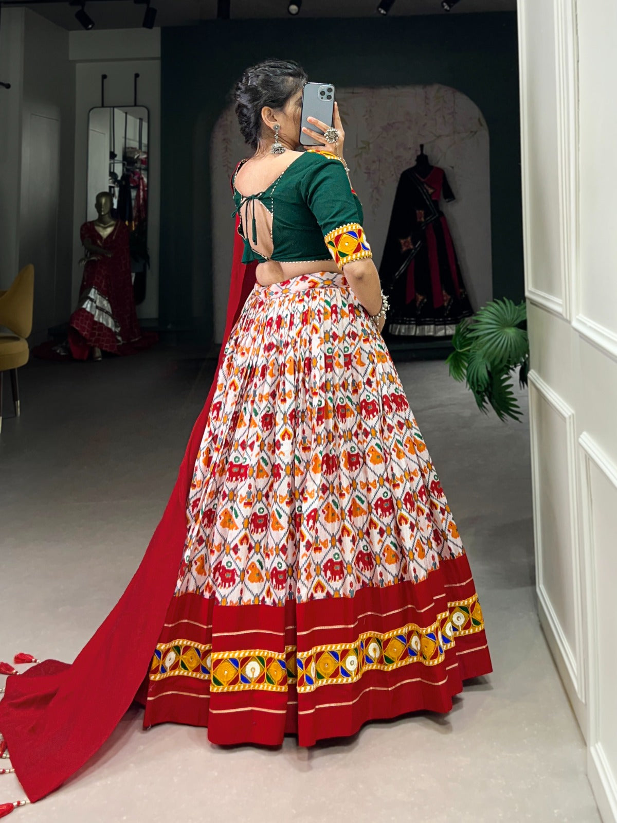 Lorenvalley Red Dola Silk and Cotton with Patola Print With Foil Work And Original Mirror Gamthi Lace Lehenga Choli | Swadesiicart