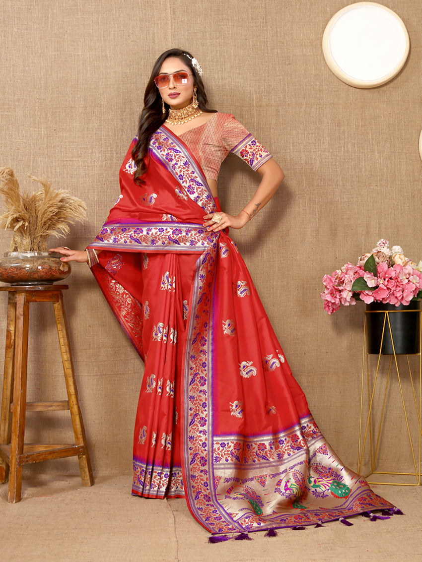 Lorenvalley Fashion Red Soft Paithani Silk Woven Design Rich Meenakari Zari Weaving Pallu Saree - Swadesiicart