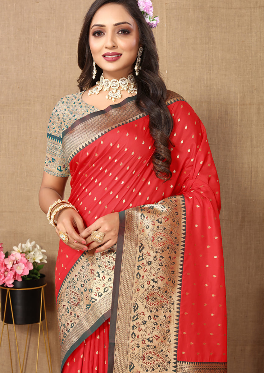 Lorenvalley Fashion Red Soft Silk weaving Design Rich Zari Weaving Saree - Swadesiicart