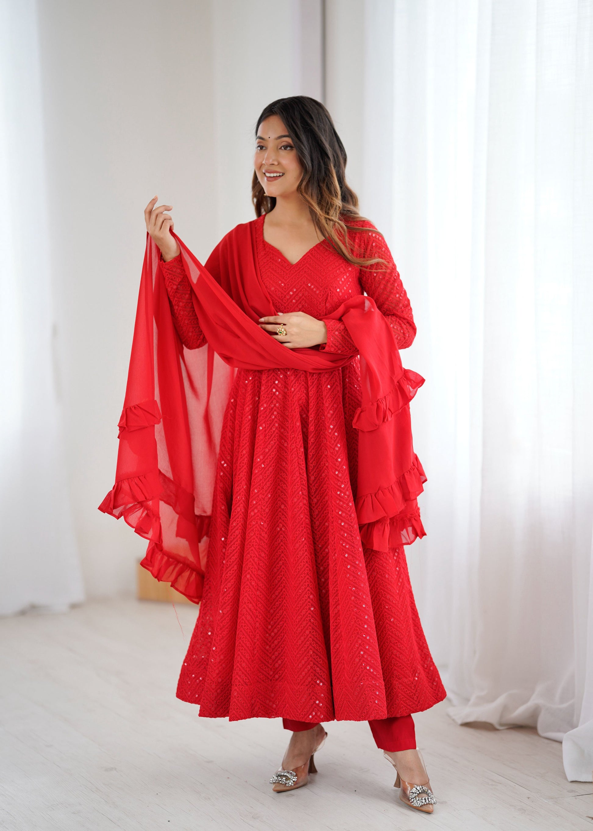 Lorenvalley Fashion Red Faux Georgette Lukhnowi Sequence Work Anarkali Kurta Pant With Dupatta Set - Swadesiicart