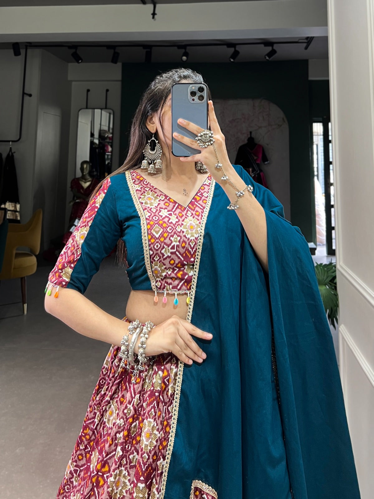 Lorenvalley Red Dola Silk and Rayon with Printed With Foil Work And Lace Touch Up Lehenga Choli | Swadesiicart