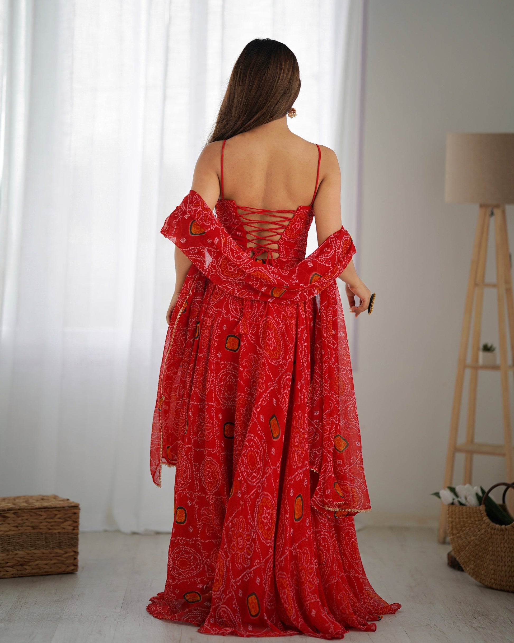 Lorenvalley Fashion Red Soft Chiffon Bandhej Fabric Print Fully Flair Anarkali With Pant Dupatta Set - Swadesiicart
