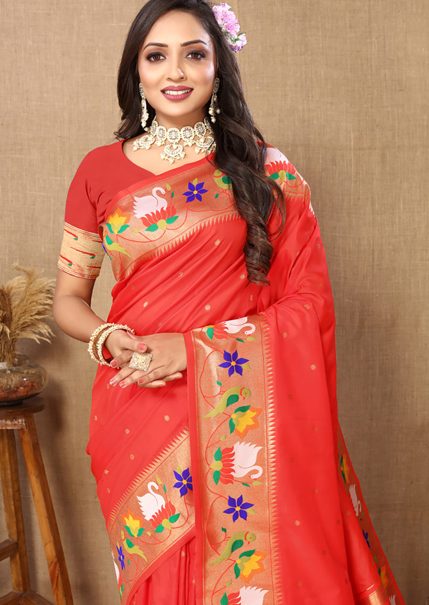 Lorenvalley Fashion Red Soft Paithani Silk Woven Design Rich Zari Meenakari Weaving Saree - Swadesiicart