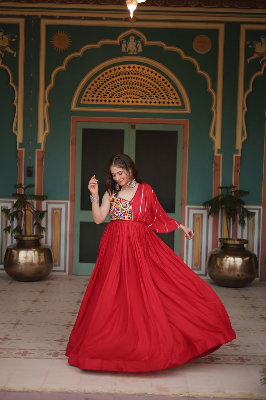 Lorenvalley Red Rayon Fabric with Designer Lace Gown | Swadesiicart