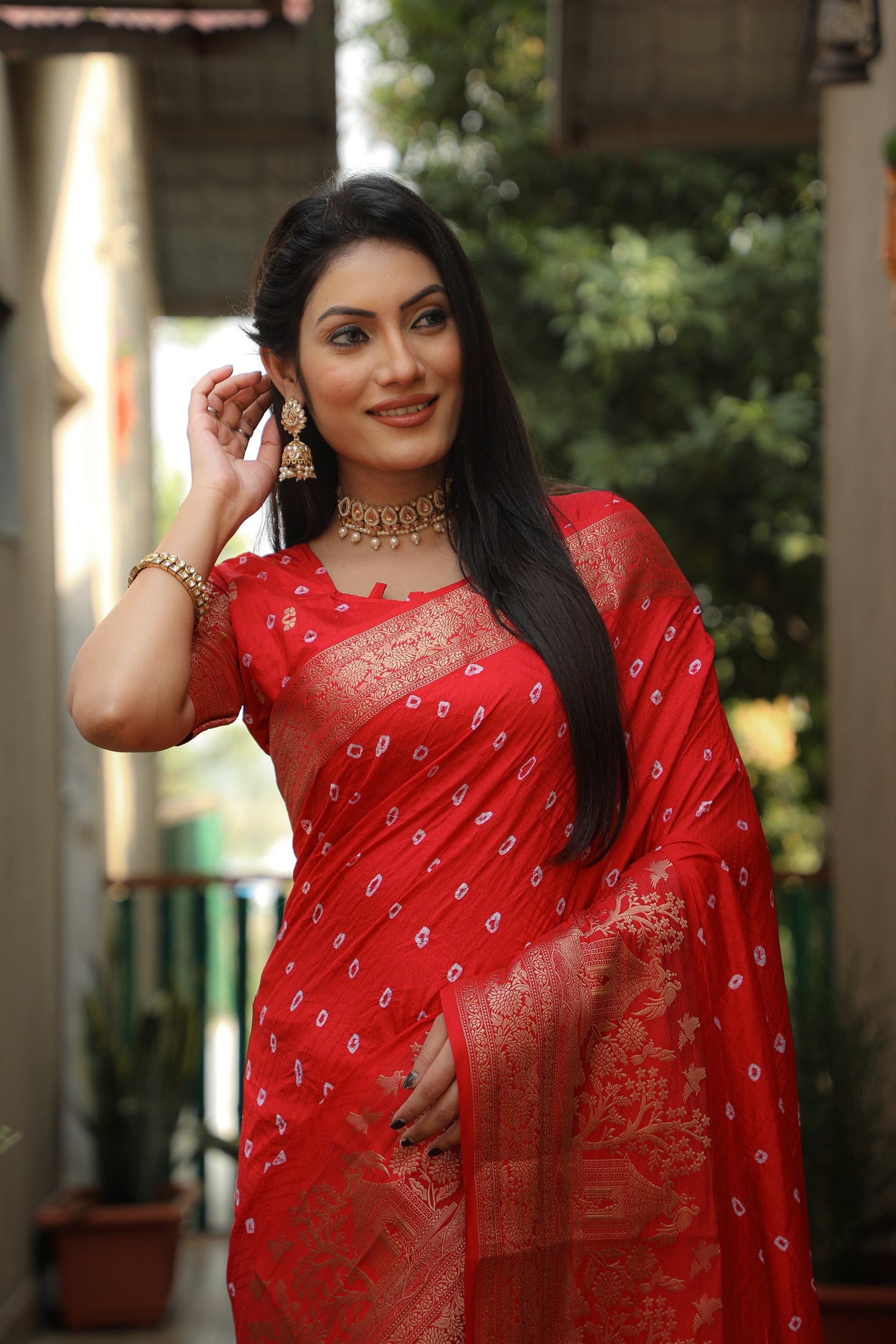 Lorenvalley Premium Pure Handmade Bandhej Kanjivaram silk saree with Zari Weaving Rich Pallu saree - Red - Swadesiicart