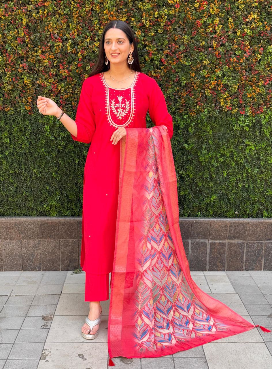 Lorenvalley Fashion Red Roman Silk Hand Work Kurta Pant with Dupatta | Swadesiicart