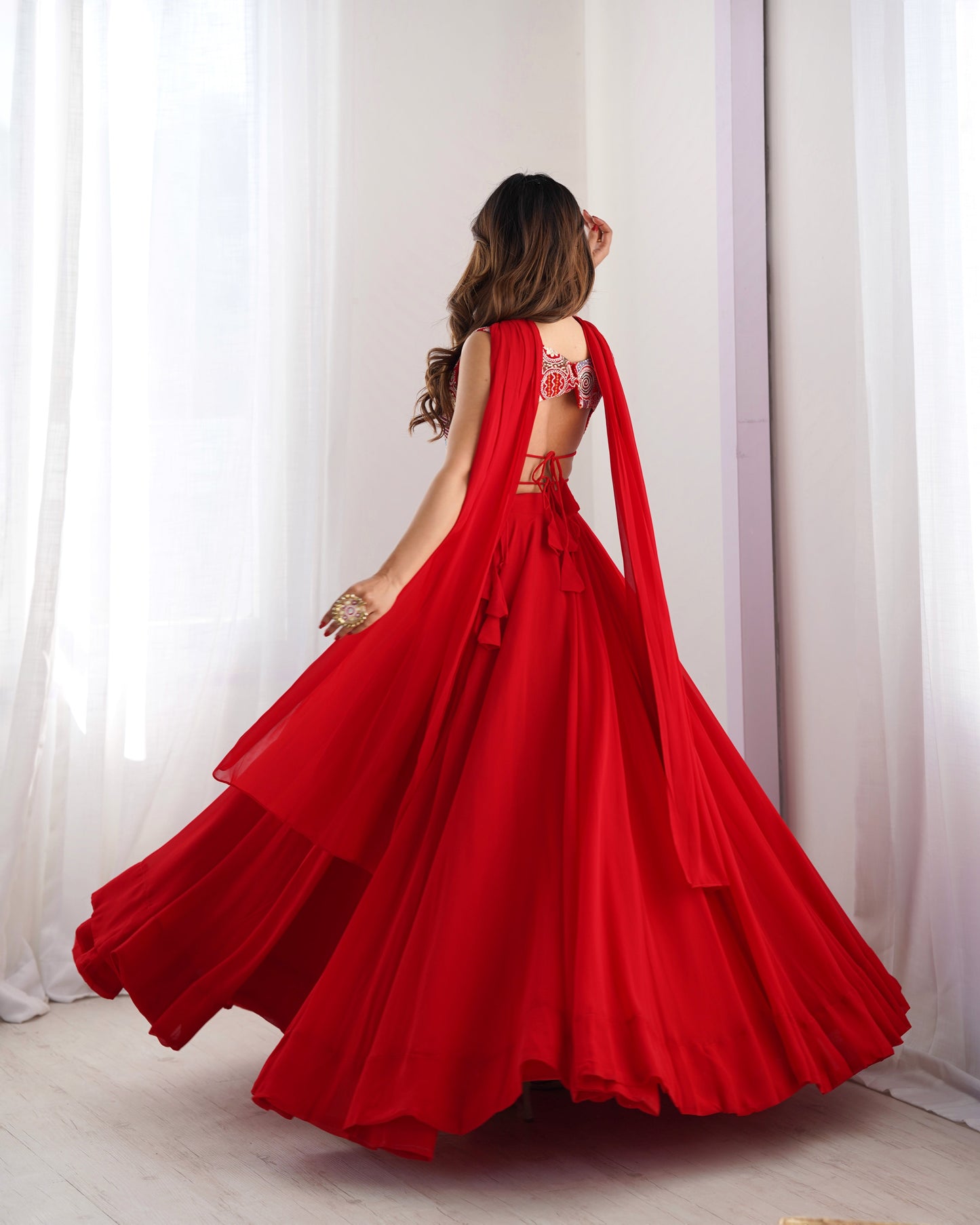 Lorenvalley Red Faux Georgette Stitched Lehenga Embroidery Blouse with Dupatta | Swadesiicart
