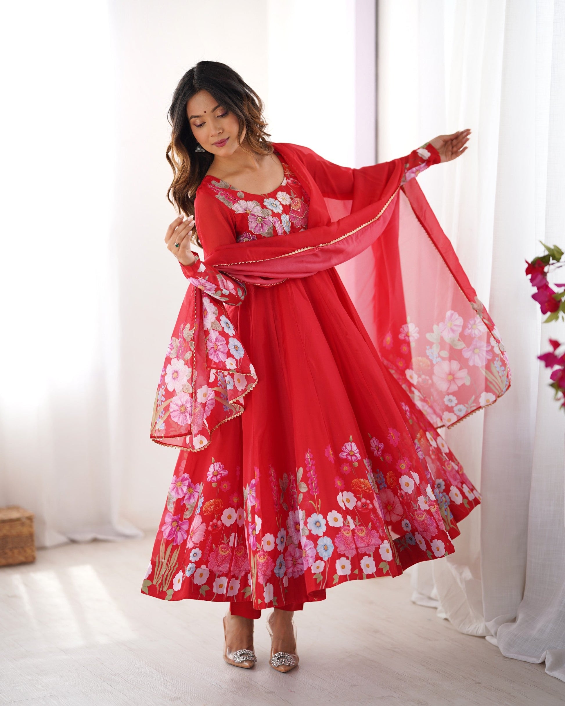 Lorenvalley Fashion Red Soft Organza Silk With Floral Print Fully Flared Anarkali Pant With Dupatta Set - Swadesiicart