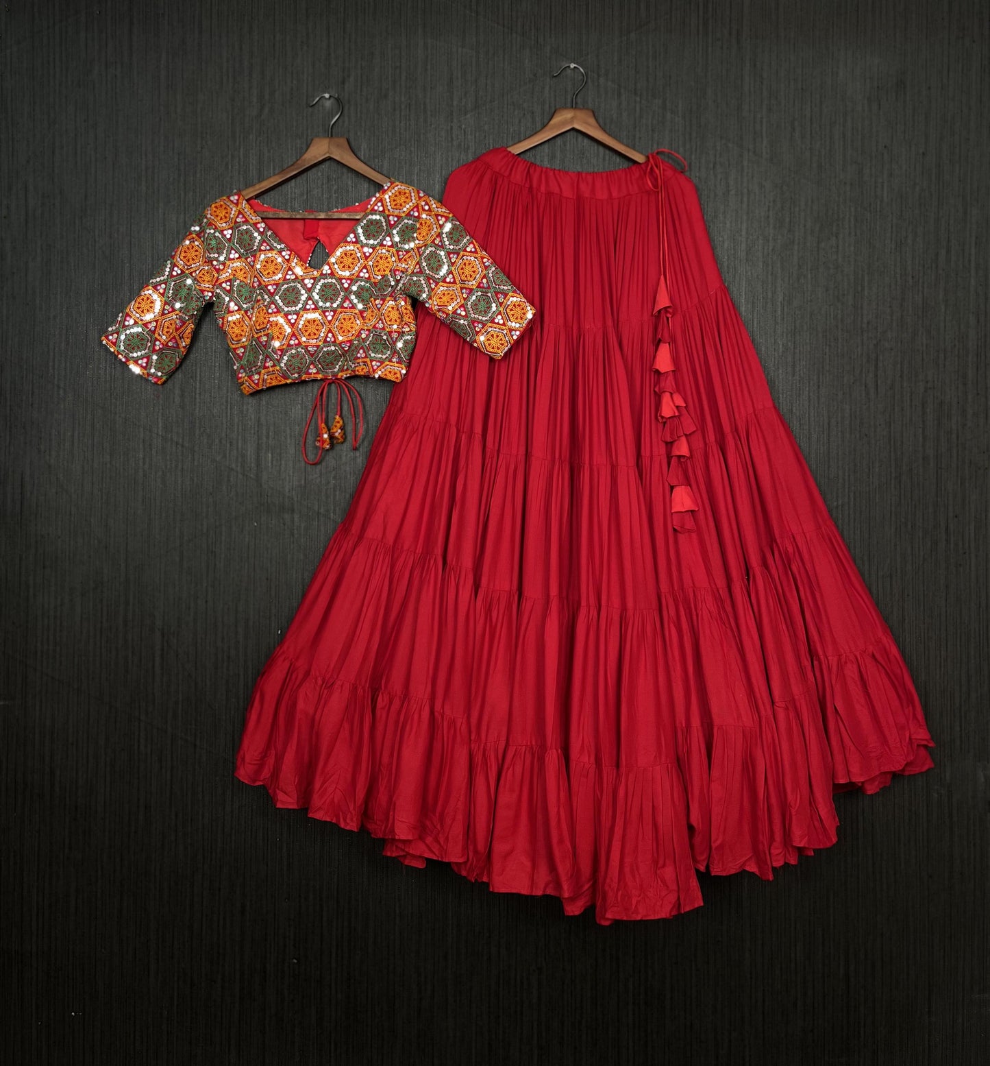 Lorenvalley Red Premium Rayon Lehenga with Georgette Embroidered Traditional Thread work Choli | Swadesiicart