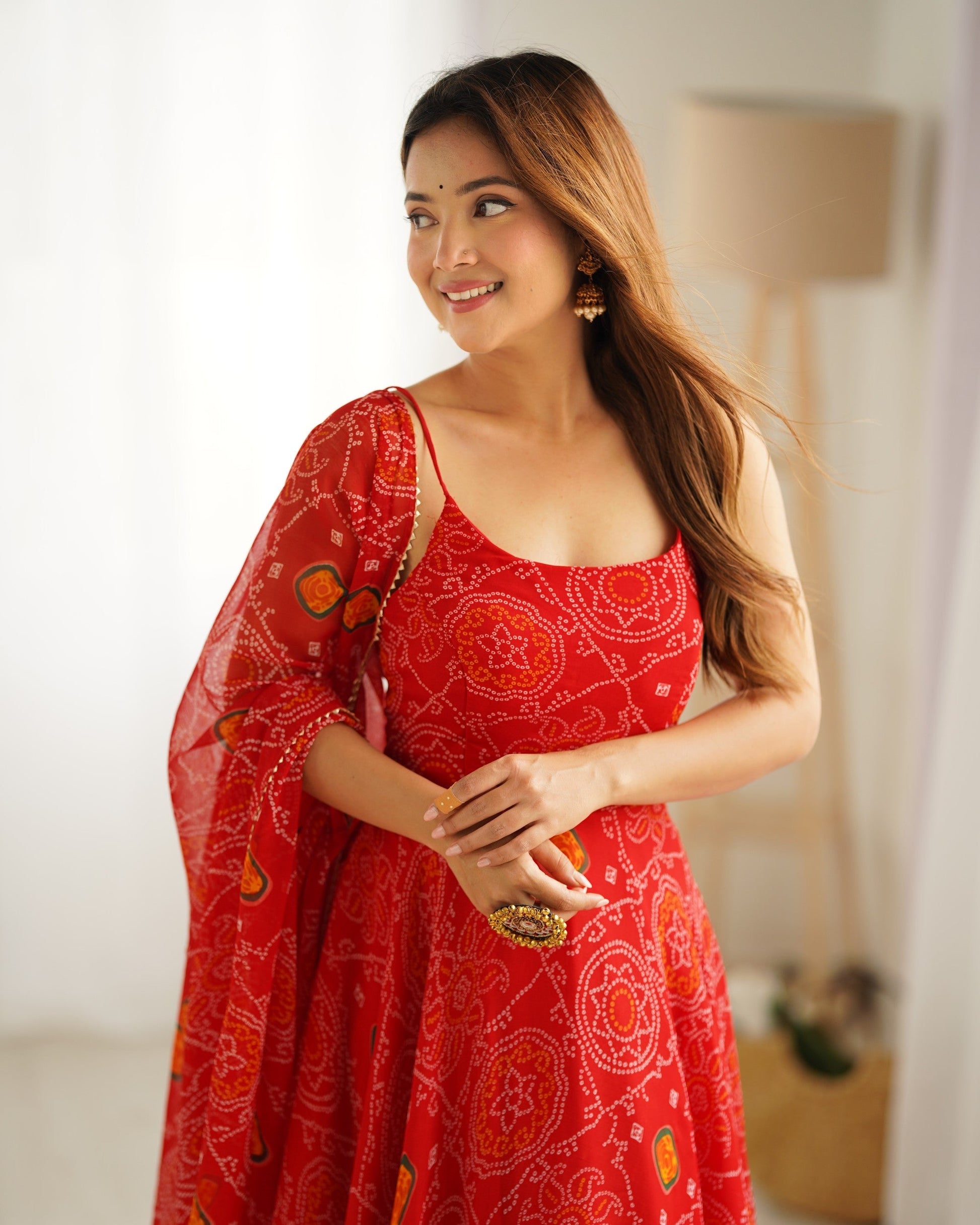 Lorenvalley Fashion Red Soft Chiffon Bandhej Fabric Print Fully Flair Anarkali With Pant Dupatta Set - Swadesiicart