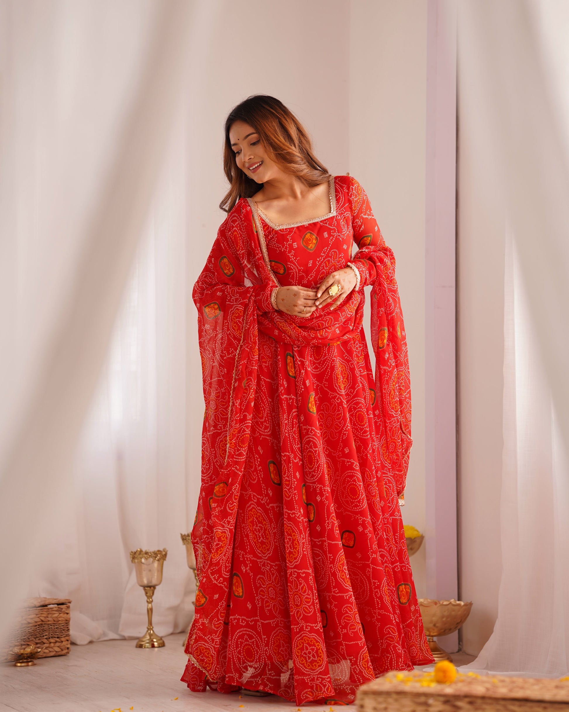 Lorenvalley Women Soft Lightweight Chiffon Bandhej Print Fabric Anarkali Kurta Pant With Dupatta Set - Swadesiicart