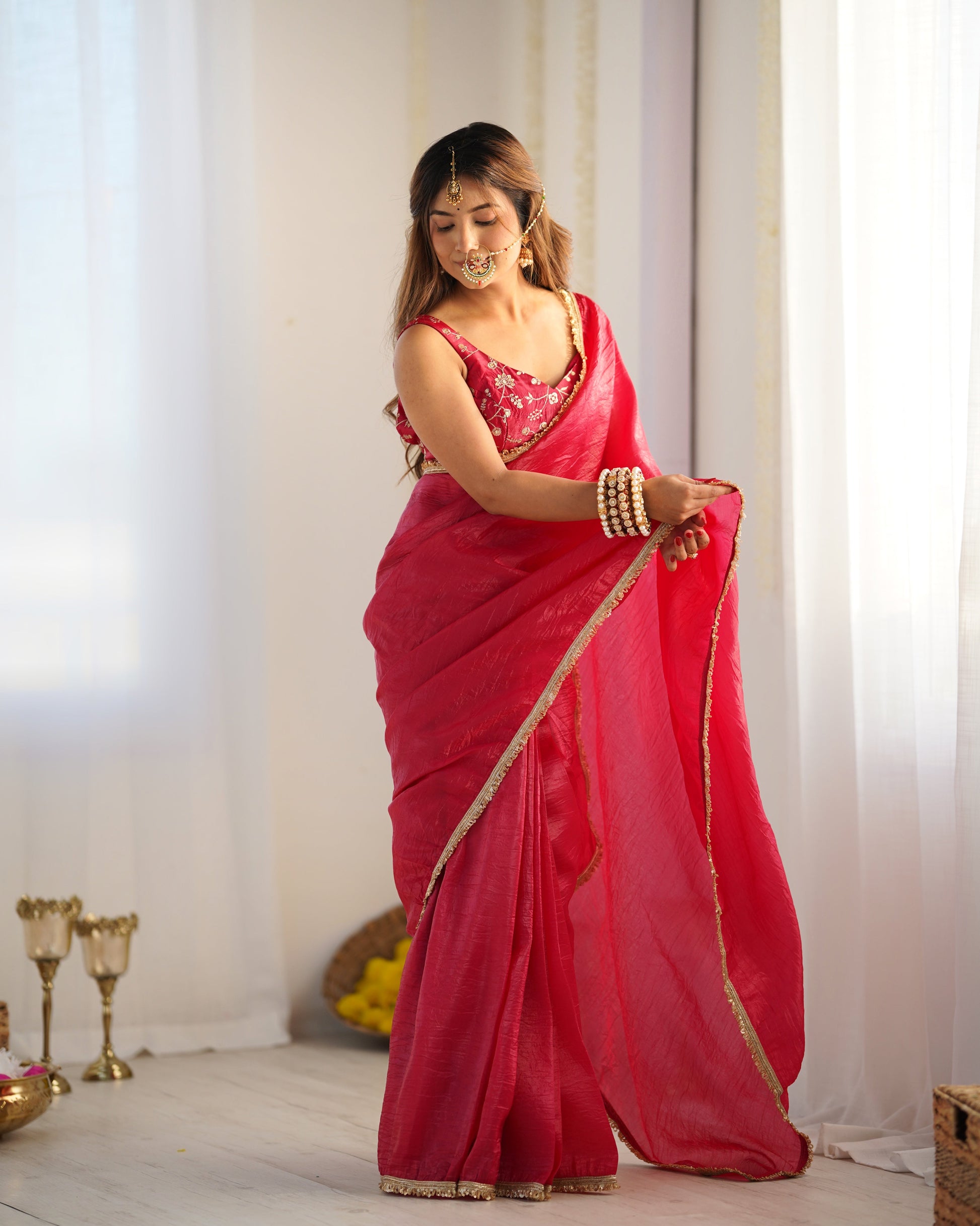 Lorenvalley Ready to wear Crush Tissue Silk Fabric Fancy Boarder Premium Lace Work Predrapped Saree - Red | Swadesiicart