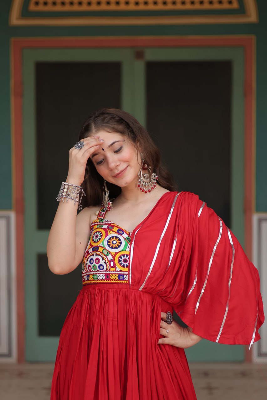 Lorenvalley Red Rayon Fabric with Designer Lace Gown | Swadesiicart