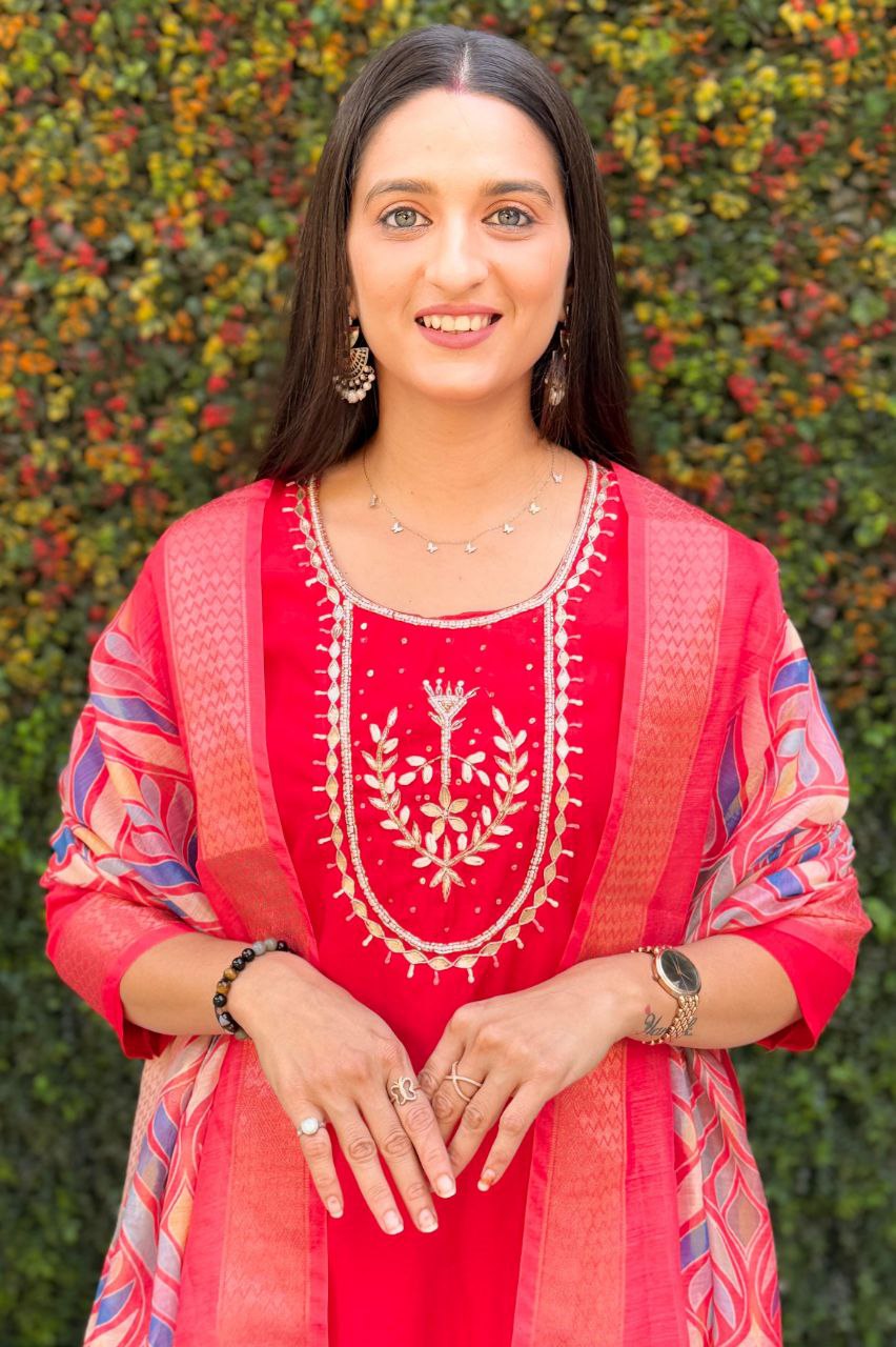 Lorenvalley Fashion Red Roman Silk Hand Work Kurta Pant with Dupatta | Swadesiicart