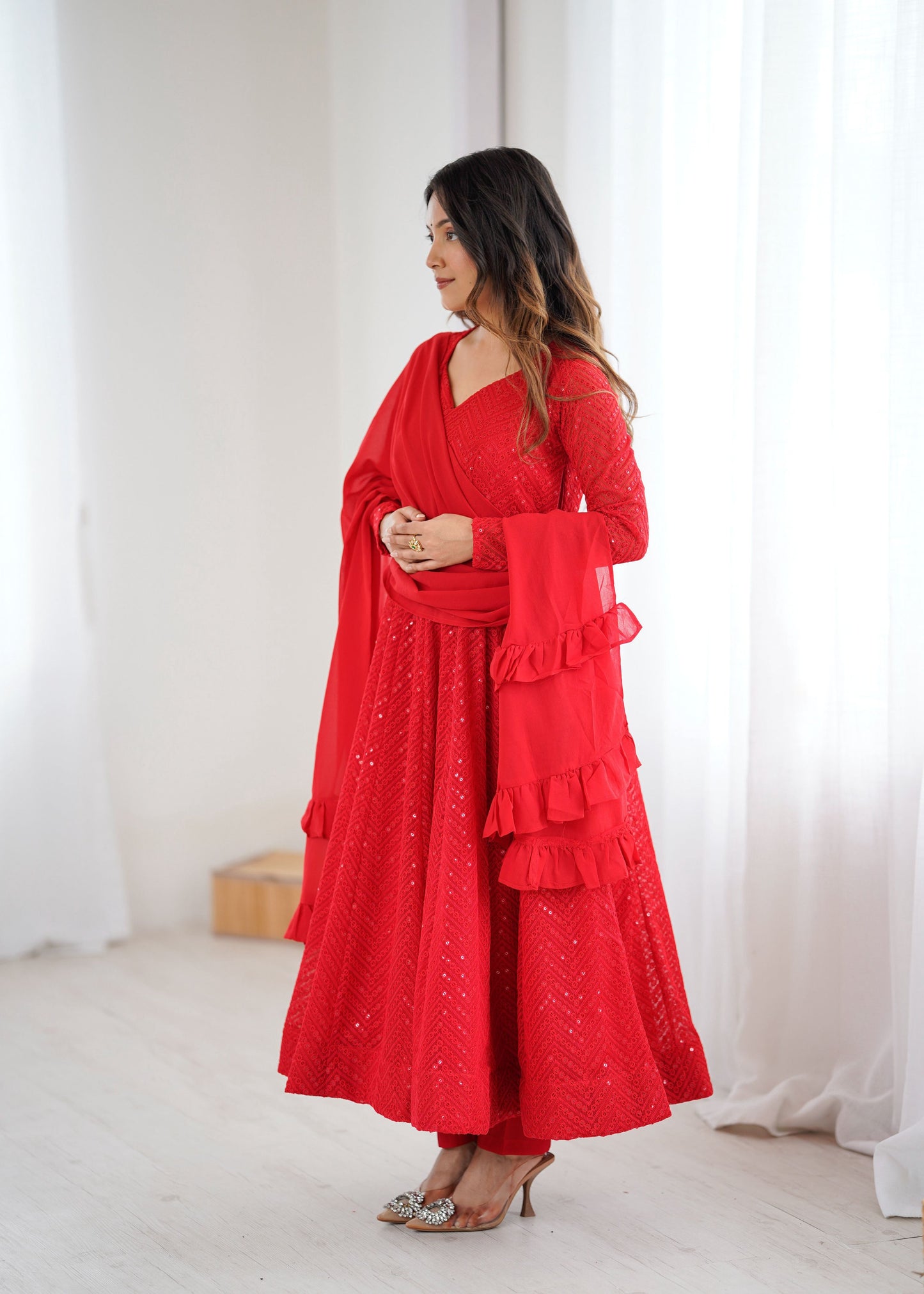 Lorenvalley Fashion Red Faux Georgette Lukhnowi Sequence Work Anarkali Kurta Pant With Dupatta Set - Swadesiicart