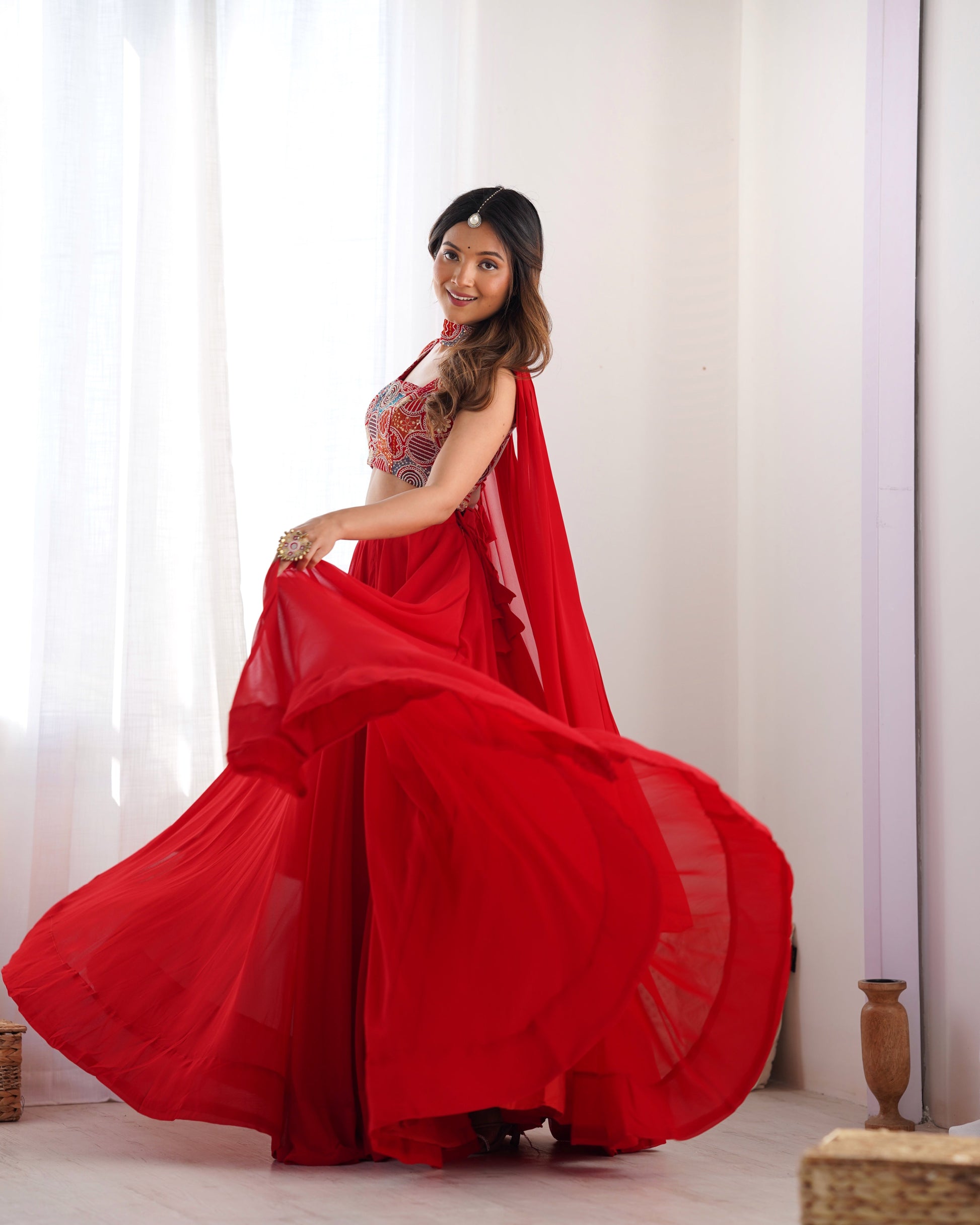 Lorenvalley Red Faux Georgette Stitched Lehenga Embroidery Blouse with Dupatta | Swadesiicart