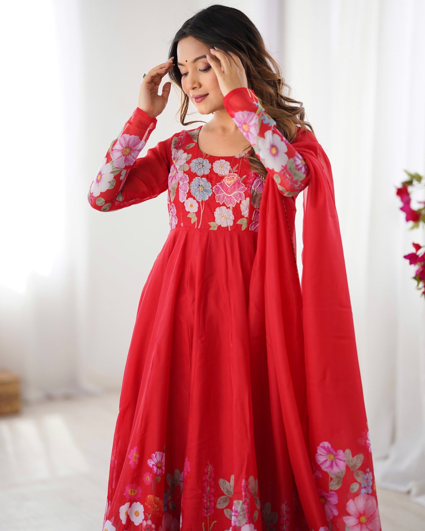 Lorenvalley Fashion Red Soft Organza Silk With Floral Print Fully Flared Anarkali Pant With Dupatta Set - Swadesiicart