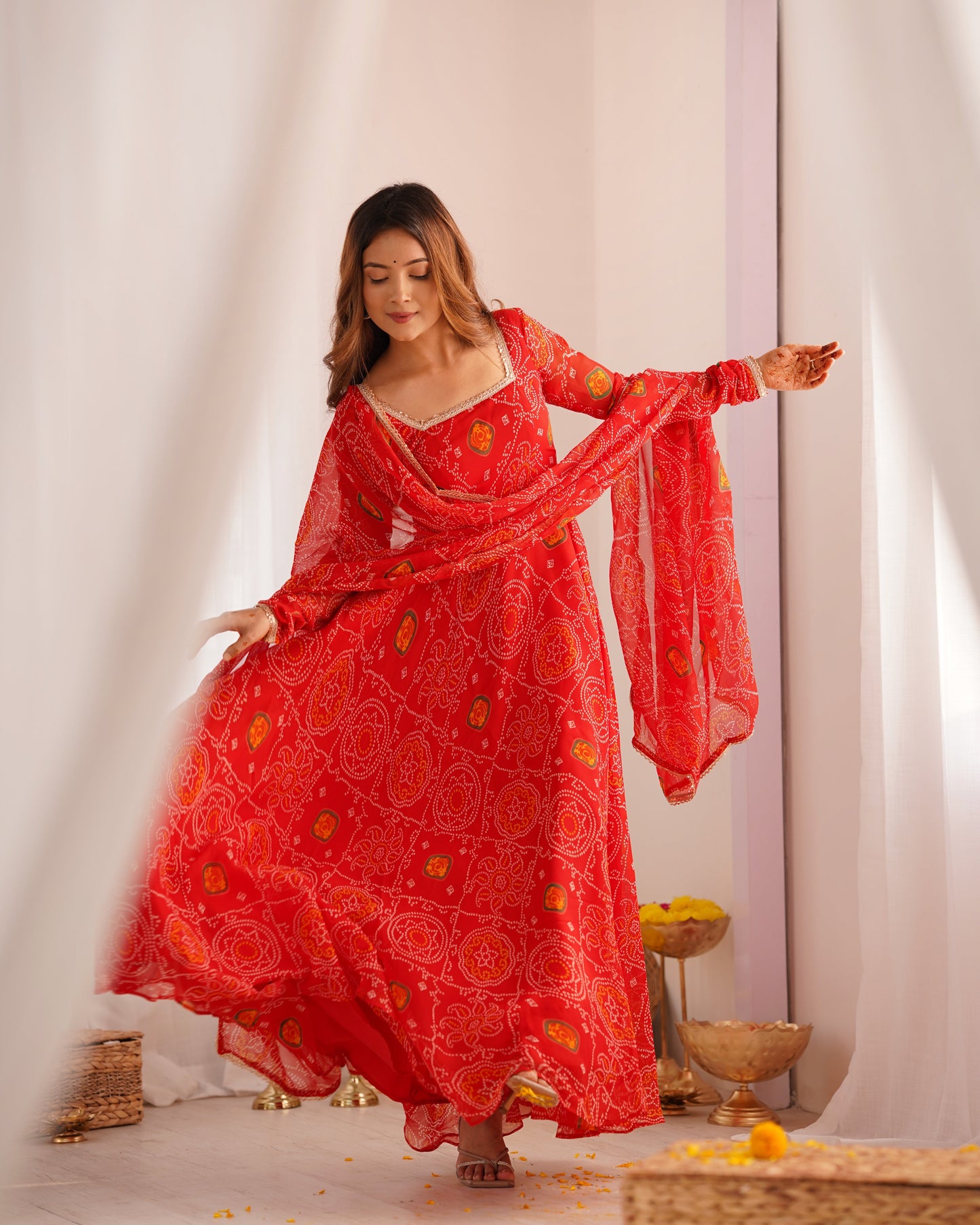 Lorenvalley Women Soft Lightweight Chiffon Bandhej Print Fabric Anarkali Kurta Pant With Dupatta Set - Swadesiicart