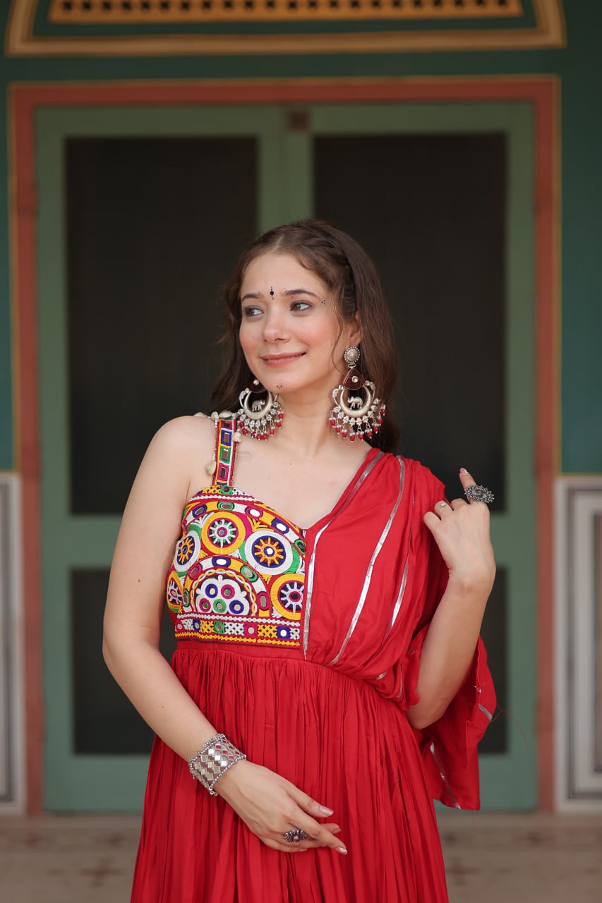 Lorenvalley Red Rayon Fabric with Designer Lace Gown | Swadesiicart
