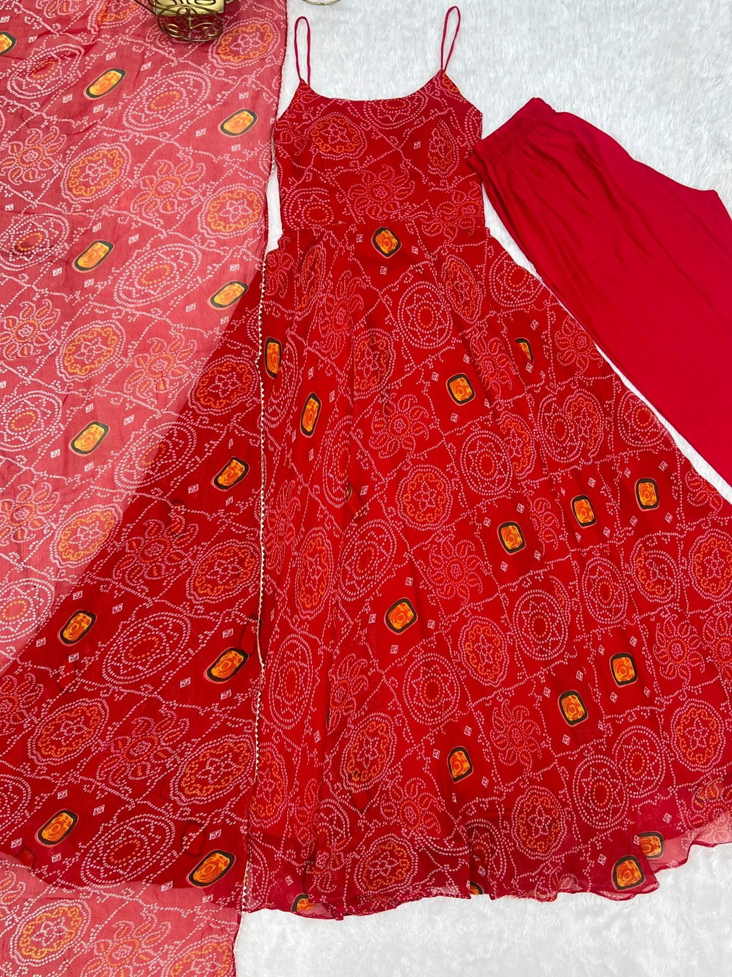 Lorenvalley Fashion Red Soft Chiffon Bandhej Fabric Print Fully Flair Anarkali With Pant Dupatta Set - Swadesiicart