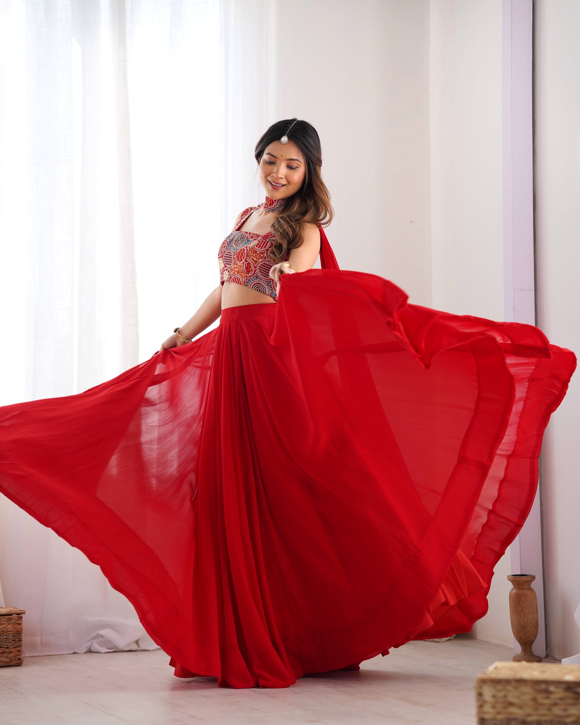 Lorenvalley Red Faux Georgette Stitched Lehenga Embroidery Blouse with Dupatta | Swadesiicart