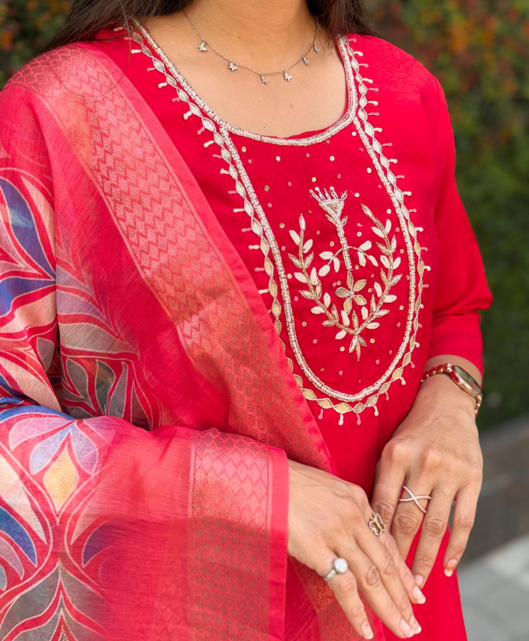 Lorenvalley Fashion Red Roman Silk Hand Work Kurta Pant with Dupatta | Swadesiicart