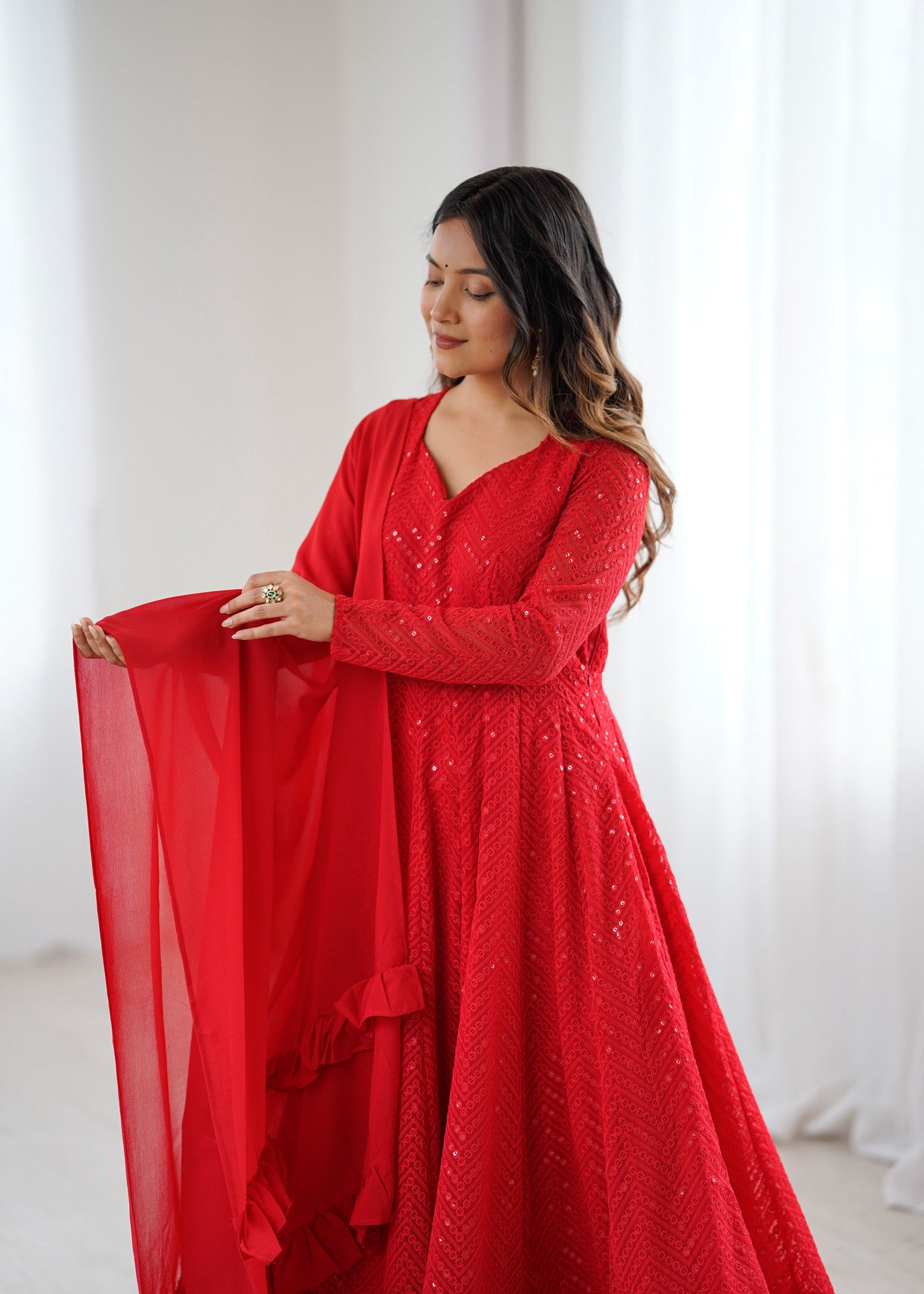 Lorenvalley Fashion Red Faux Georgette Lukhnowi Sequence Work Anarkali Kurta Pant With Dupatta Set - Swadesiicart