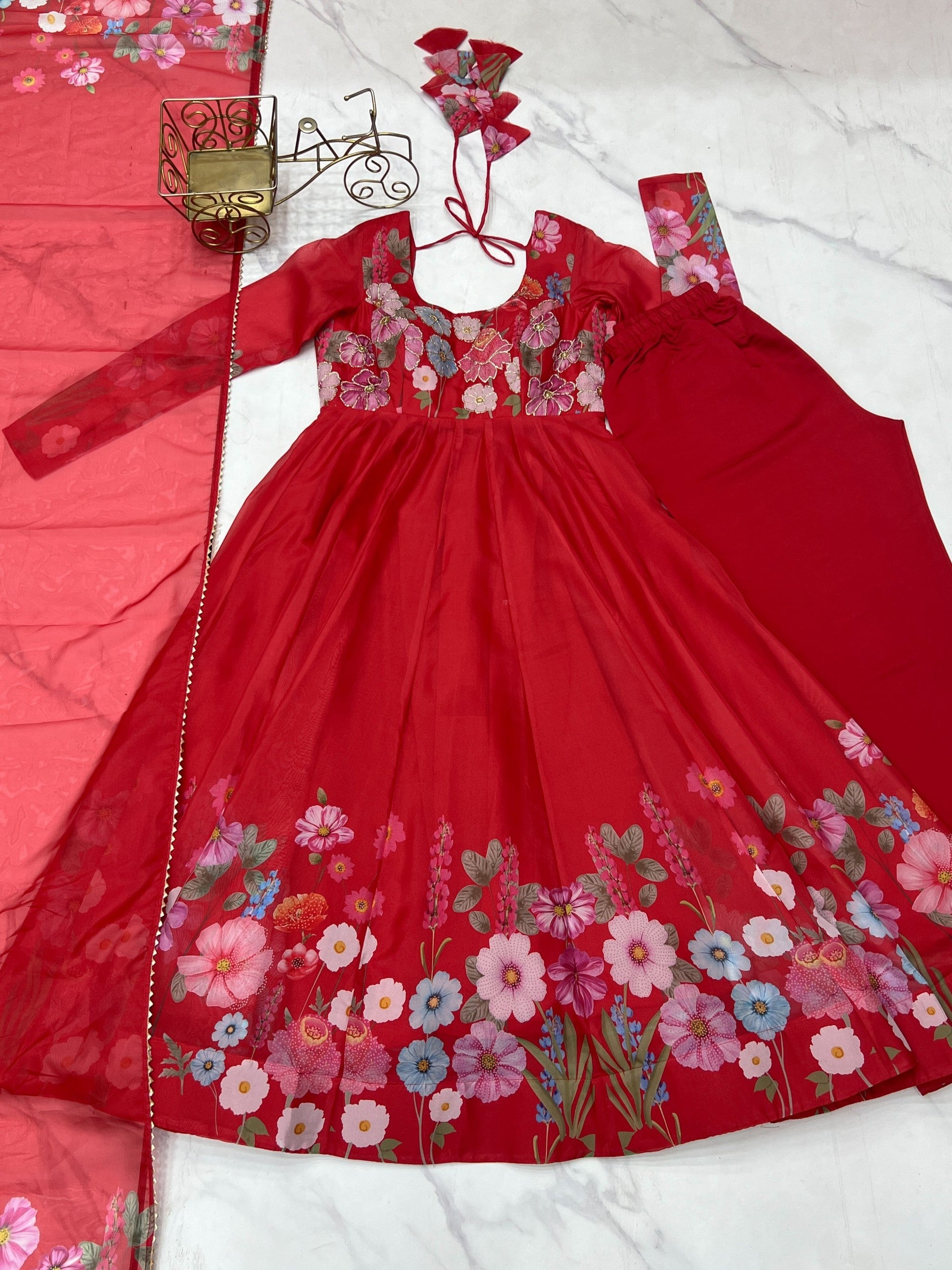 Lorenvalley Fashion Red Soft Organza Silk With Floral Print Fully Flared Anarkali Pant With Dupatta Set - Swadesiicart