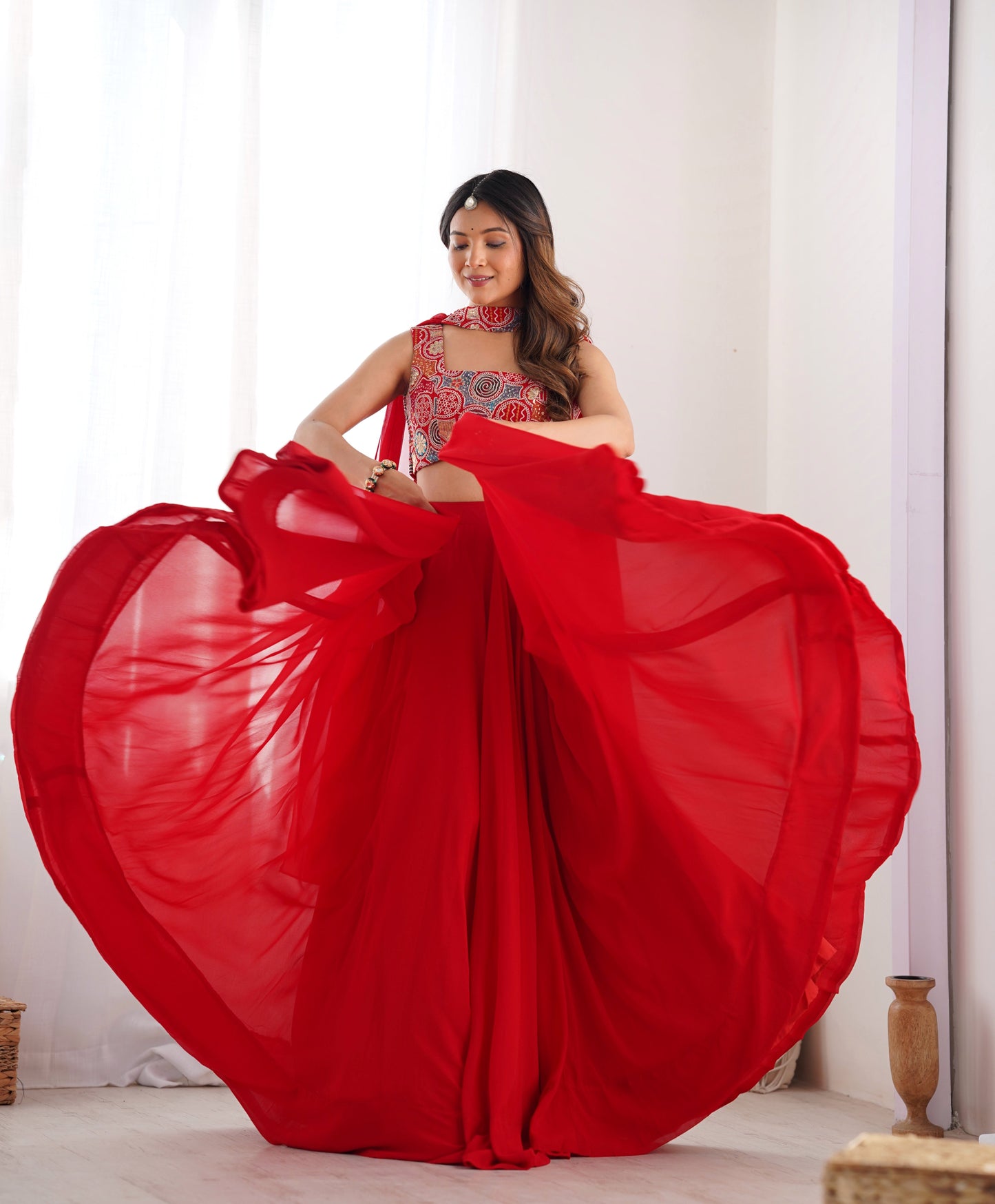 Lorenvalley Red Faux Georgette Stitched Lehenga Embroidery Blouse with Dupatta | Swadesiicart
