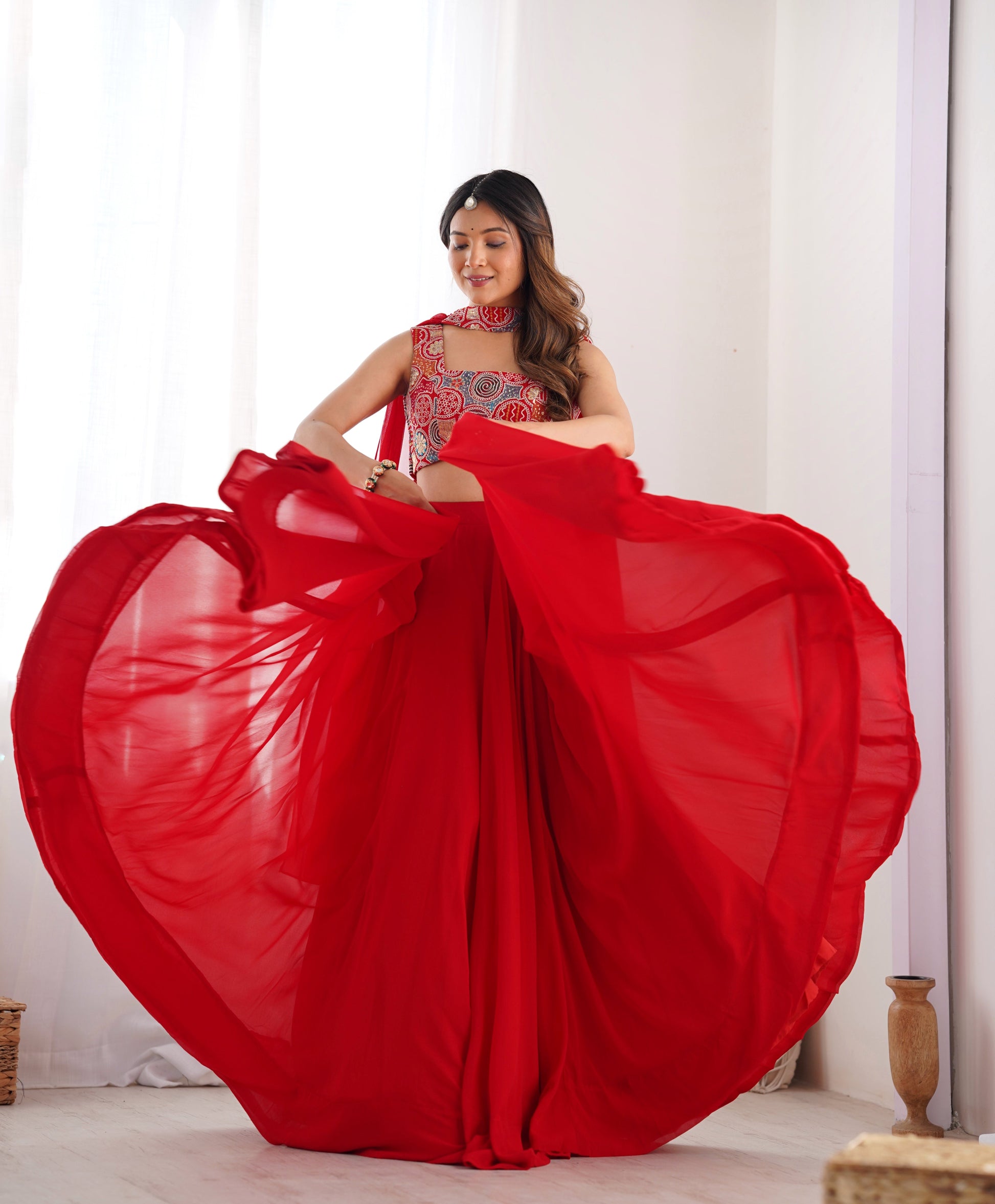 Lorenvalley Red Faux Georgette Stitched Lehenga Embroidery Blouse with Dupatta | Swadesiicart