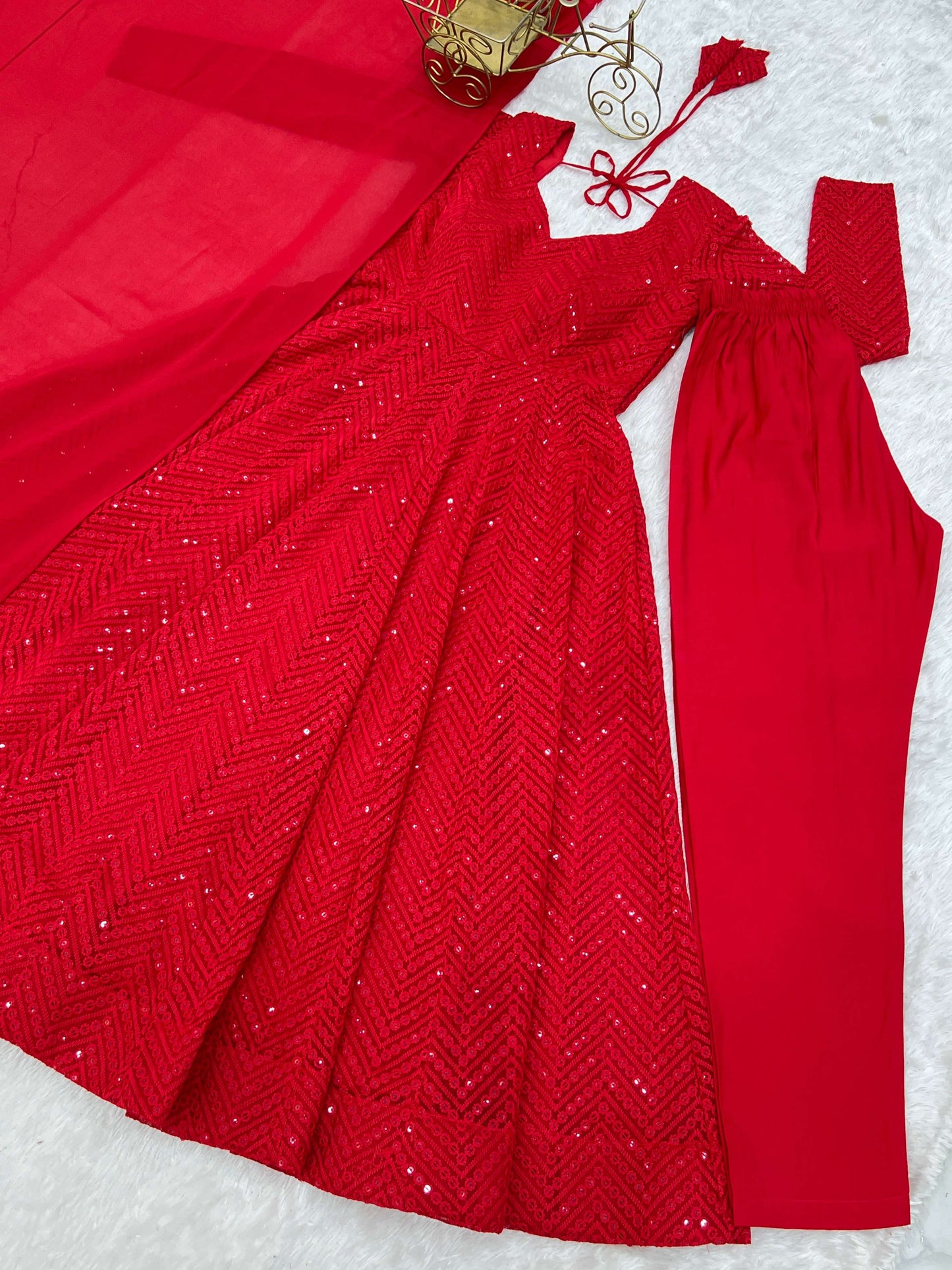 Lorenvalley Fashion Red Faux Georgette Lukhnowi Sequence Work Anarkali Kurta Pant With Dupatta Set - Swadesiicart