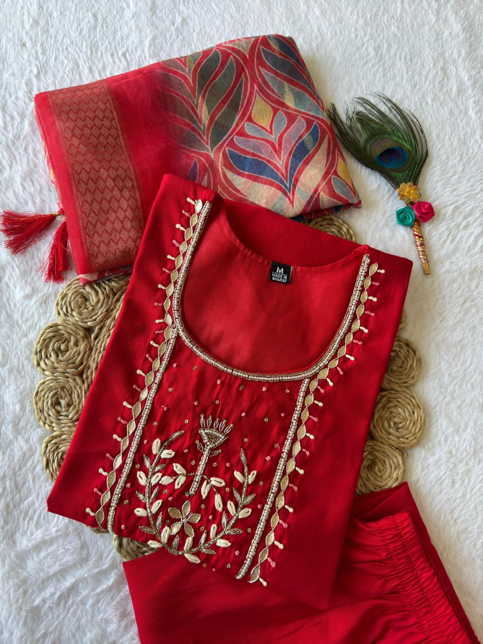 Lorenvalley Fashion Red Roman Silk Hand Work Kurta Pant with Dupatta | Swadesiicart