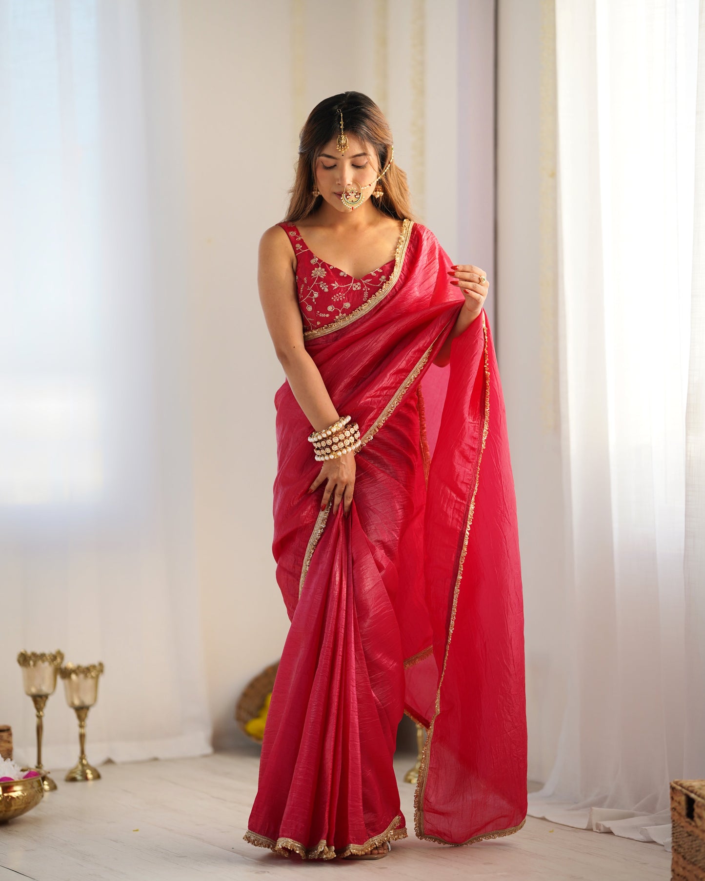 Lorenvalley Ready to wear Crush Tissue Silk Fabric Fancy Boarder Premium Lace Work Predrapped Saree - Red | Swadesiicart