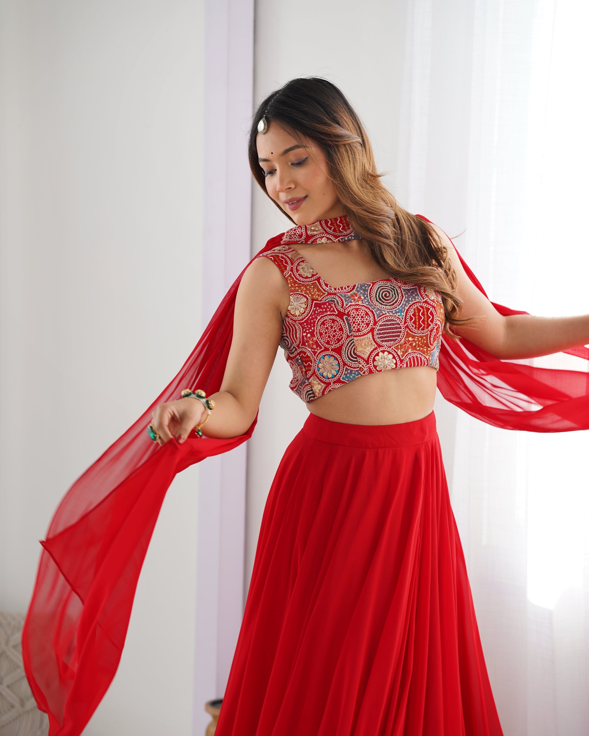 Lorenvalley Red Faux Georgette Stitched Lehenga Embroidery Blouse with Dupatta | Swadesiicart