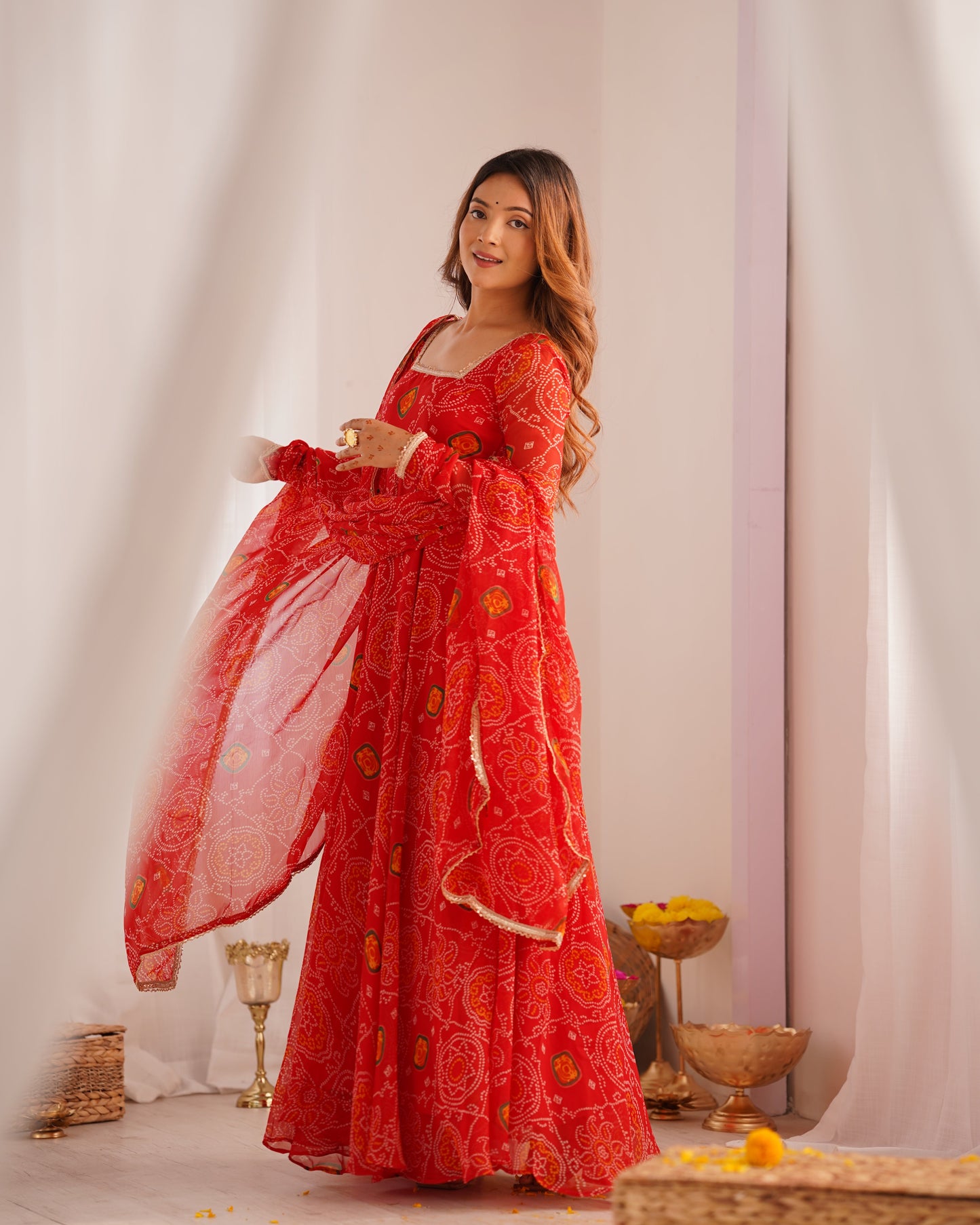 Lorenvalley Women Soft Lightweight Chiffon Bandhej Print Fabric Anarkali Kurta Pant With Dupatta Set - Swadesiicart