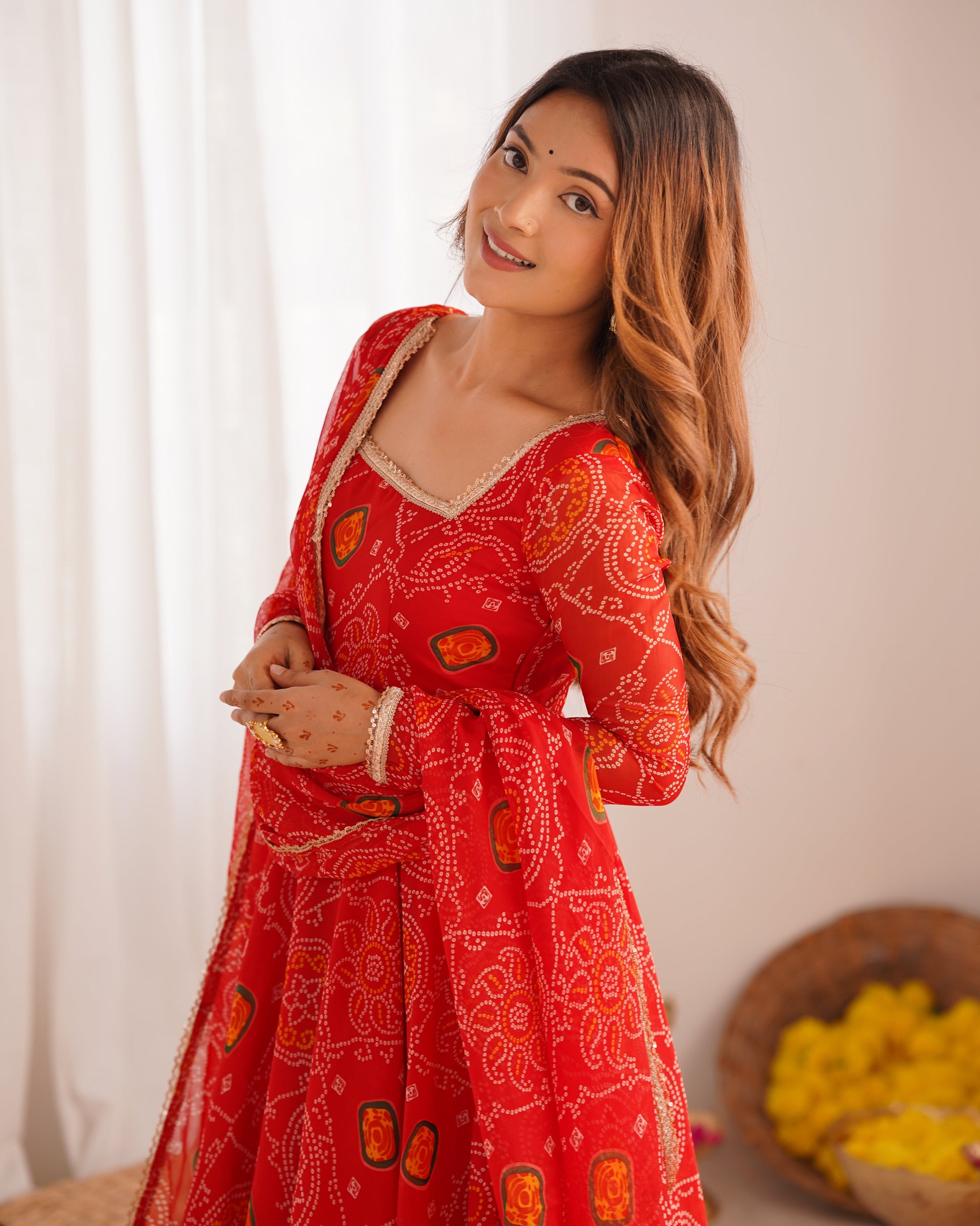 Lorenvalley Women Soft Lightweight Chiffon Bandhej Print Fabric Anarkali Kurta Pant With Dupatta Set - Swadesiicart