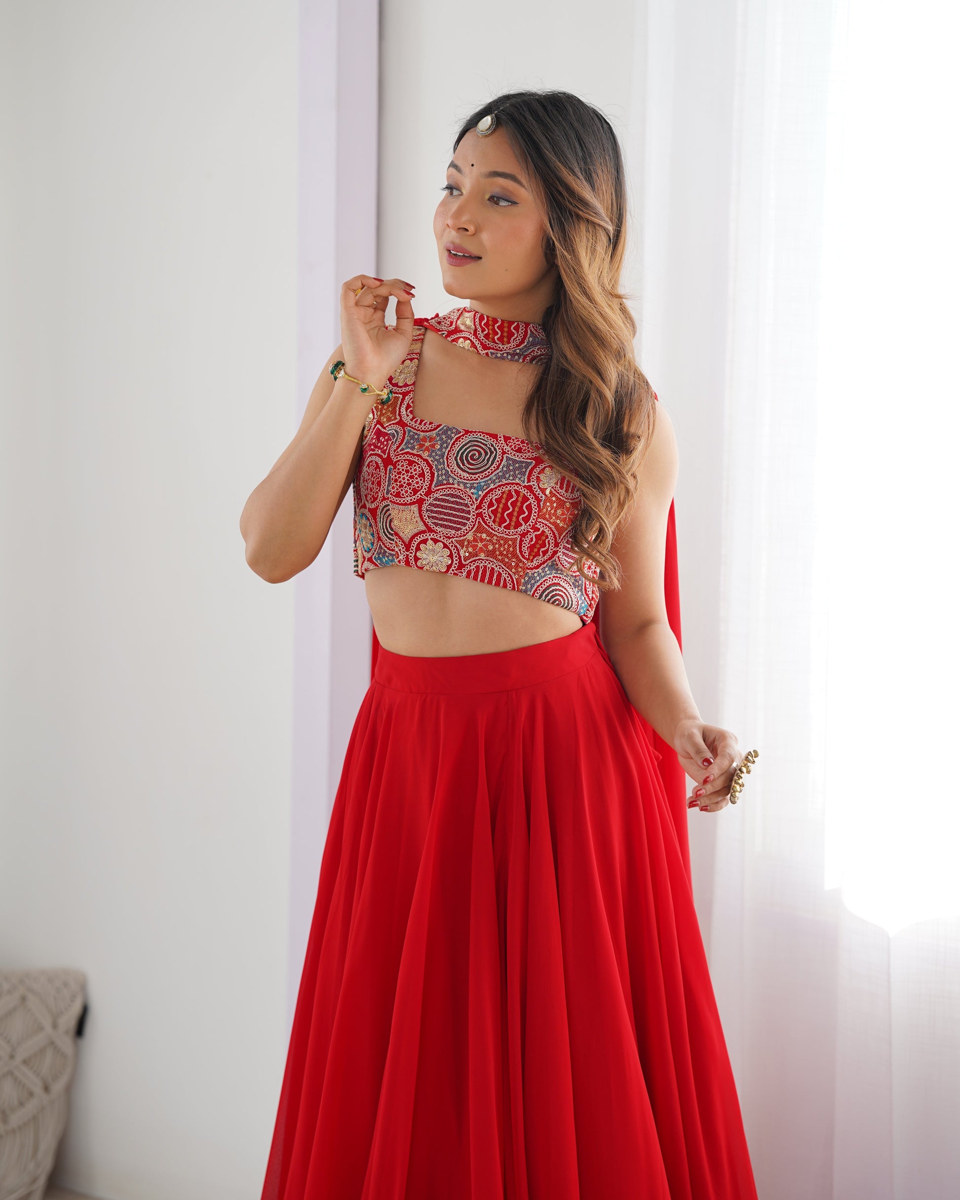 Lorenvalley Red Faux Georgette Stitched Lehenga Embroidery Blouse with Dupatta | Swadesiicart